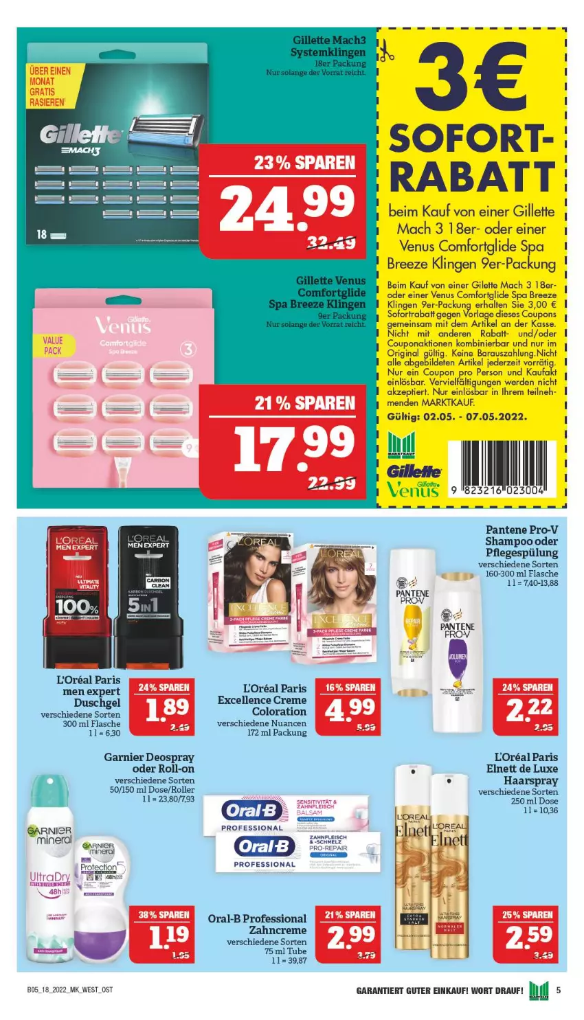 Aktueller Prospekt Marktkauf - Prospekt - von 01.05 bis 07.05.2022 - strona 44 - produkty: bree, coupon, coupons, creme, deo, deospray, duschgel, elle, elnett, erde, flasche, garnier, gillette, gin, haarspray, mac, Nuance, oral-b, oralb, pantene, pantene pro-v, Pflegespülung, pro-repair, pro-v, roll-on, Roller, shampoo, sofortrabatt, spülung, tee, Ti, venus, zahncreme