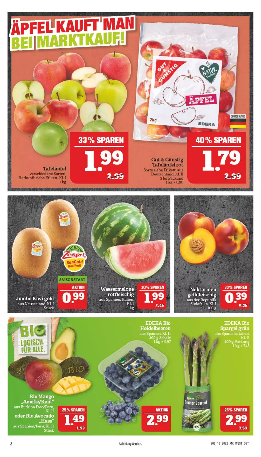 Aktueller Prospekt Marktkauf - Prospekt - von 01.05 bis 07.05.2022 - strona 8 - produkty: avocado, bio, deka, edeka bio, eis, Elan, fleisch, grüner spargel, jumbo, kiwi, mango, melone, Schal, Schale, spargel, spargel grün, tee, Ti, wasser, wassermelone