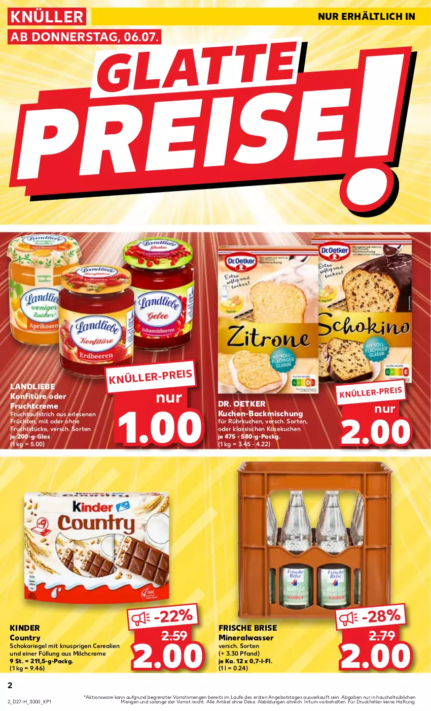 Aktueller Prospekt Kaufland - Extra-Angebote - von 06.07 bis 12.07.2023 - strona 2 - produkty: Alwa, angebot, aufstrich, backmischung, cerealien, creme, Dr. Oetker, eis, frucht, fruchtaufstrich, früchte, früchten, Käse, käsekuchen, Kinder, kinder country, konfitüre, kuchen, landliebe, latte, milch, mineralwasser, riegel, schoko, schokoriegel, Ti, wasser, ZTE