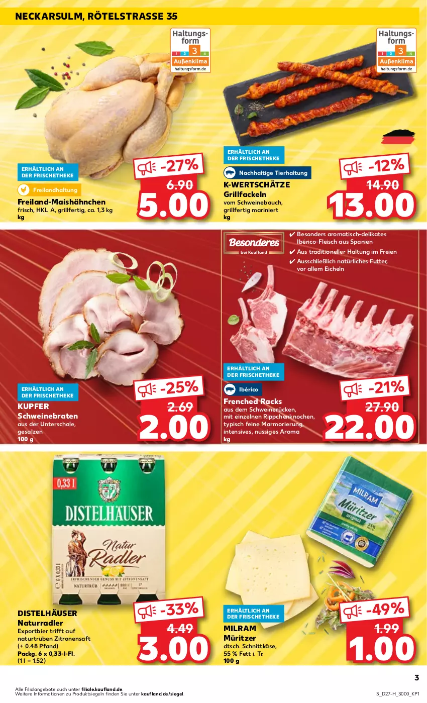 Aktueller Prospekt Kaufland - Extra-Angebote - von 06.07 bis 12.07.2023 - strona 3 - produkty: angebot, angebote, Bau, bier, braten, eis, elle, fleisch, grill, grillfackeln, Käse, mais, milram, natur, nuss, radler, saft, salz, Schal, Schale, schnittkäse, schwein, schweine, Schweinebauch, schweinebraten, schweinerücken, Ti, tisch, wein, weine, zitrone, zitronen, zitronensaft