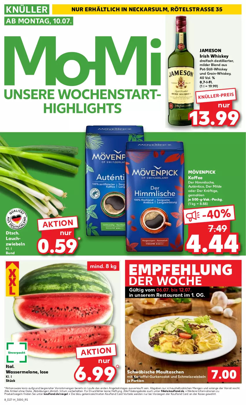 Aktueller Prospekt Kaufland - Extra-Angebote - von 06.07 bis 12.07.2023 - strona 8 - produkty: angebot, angebote, eis, erde, gurke, gurken, gurkensalat, irish whiskey, jameson, kaffee, kartoffel, Lauchzwiebel, lauchzwiebeln, maultaschen, melone, mövenpick, mövenpick kaffee, salat, Tasche, taschen, Ti, wasser, wassermelone, whiskey, ZTE, zwiebel, zwiebeln