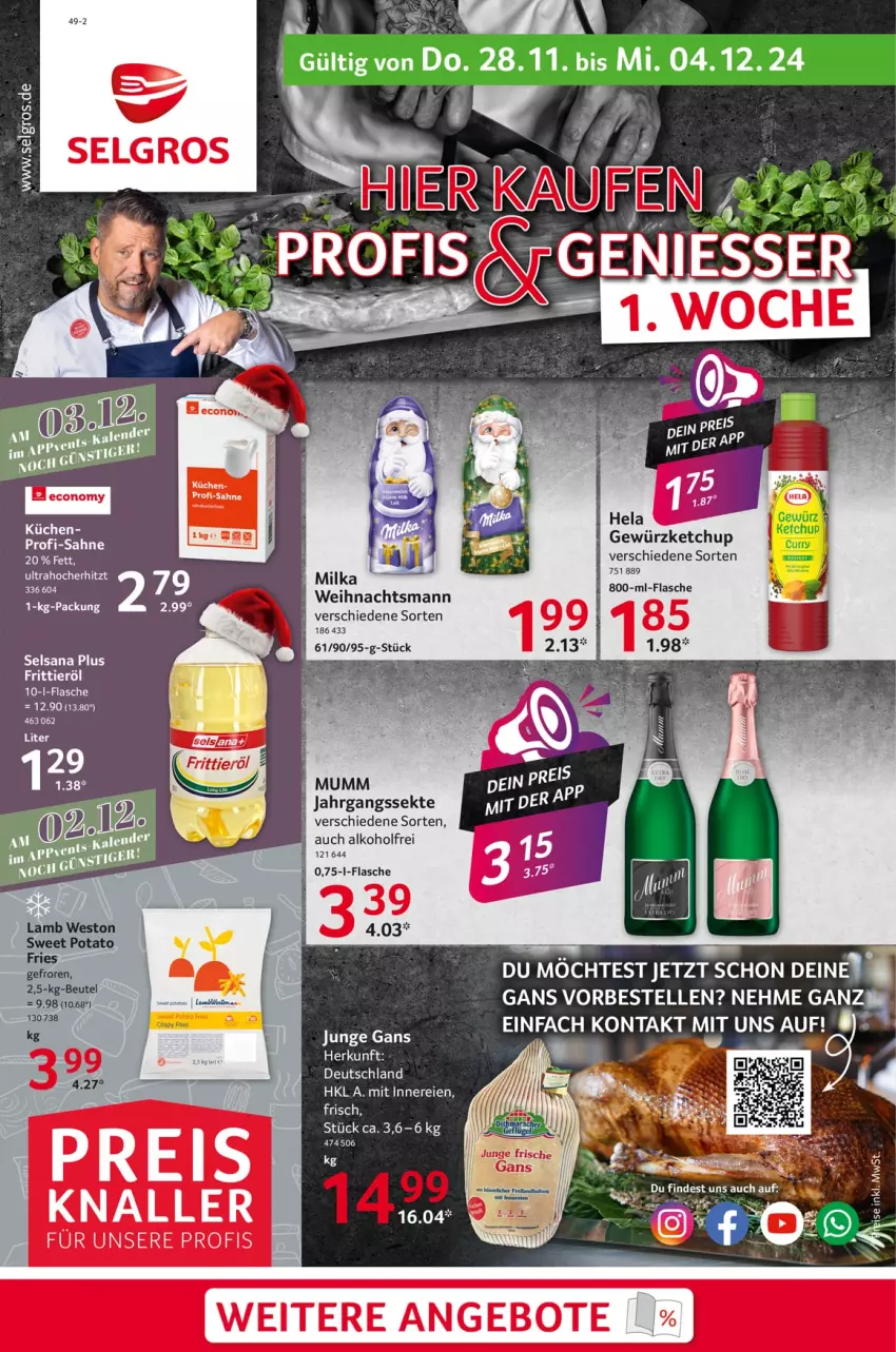 Aktueller Prospekt Selgros - Food - von 28.11 bis 04.12.2024 - strona 1 - produkty: alkohol, angebot, angebote, eis, elle, Frittieröl, gewürz, gewürzketchup, Hela, jahrgangssekt, ketchup, milka, mumm, sana, sekt, Ti