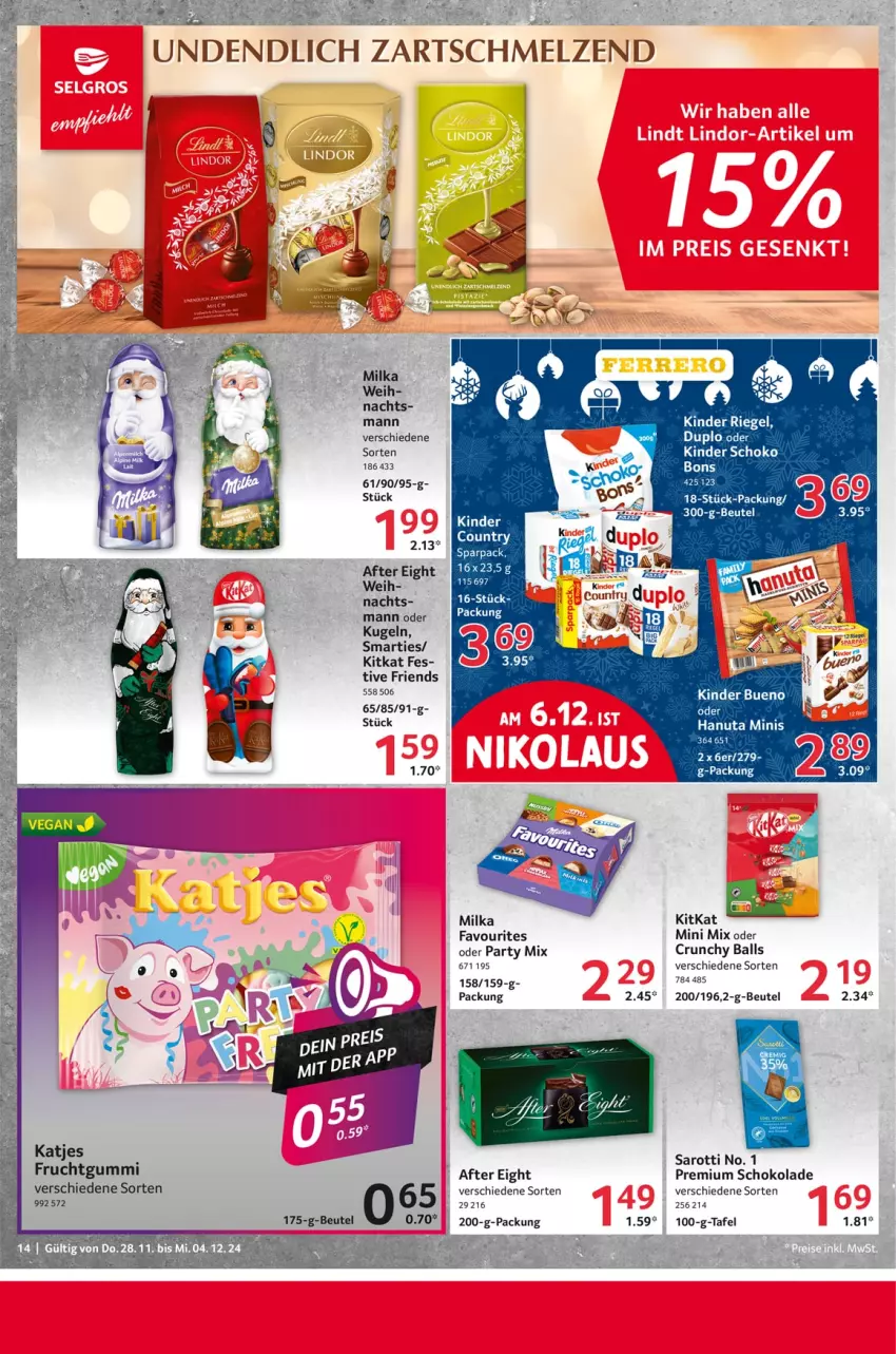 Aktueller Prospekt Selgros - Food - von 28.11 bis 04.12.2024 - strona 14 - produkty: after eight, ball, beutel, duplo, frucht, fruchtgummi, hanuta, Kinder, kinder bueno, kinder riegel, kitkat, Kugel, milka, riegel, saro, sarotti, schoko, schokolade, smarties, Ti