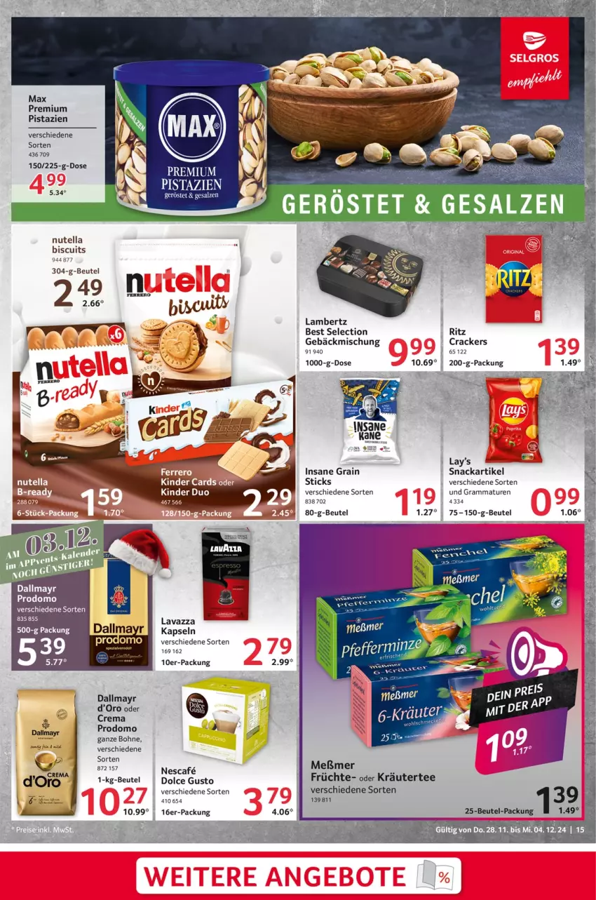 Aktueller Prospekt Selgros - Food - von 28.11 bis 04.12.2024 - strona 15 - produkty: Amber, beutel, bohne, cracker, dallmayr, dallmayr prodomo, früchte, gebäckmischung, Kinder, kräuter, lambertz, lavazza, Meßmer, nutella, oder kräuter, pistazien, prodomo, snack, tee, Ti