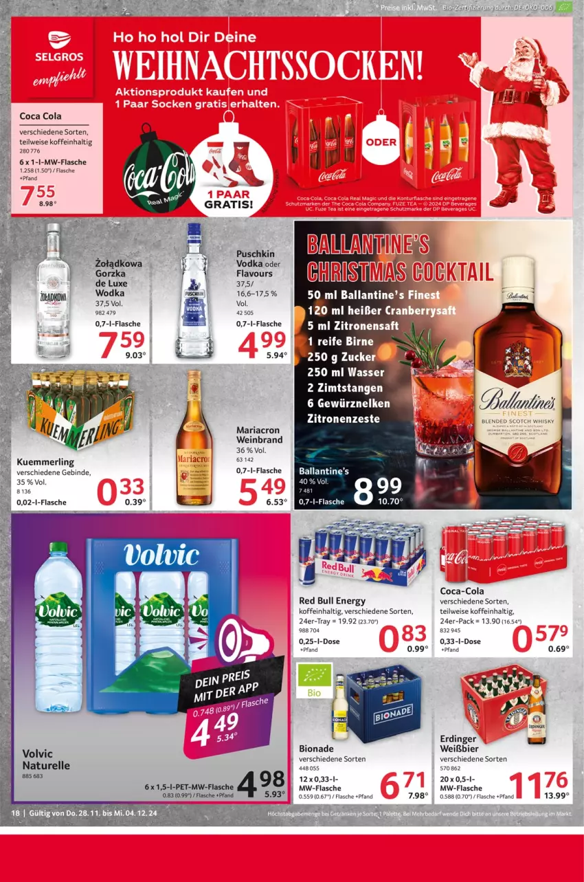 Aktueller Prospekt Selgros - Food - von 28.11 bis 04.12.2024 - strona 18 - produkty: ball, bier, coca-cola, cola, eis, elle, ente, erdinger, flasche, gewürz, kuemmerling, mariacron, merl, mw-flasche, natur, red bull, rel, Ria, saft, Ti, vodka, volvic, wasser, wein, weinbrand, zitrone, zitronen, zitronensaft