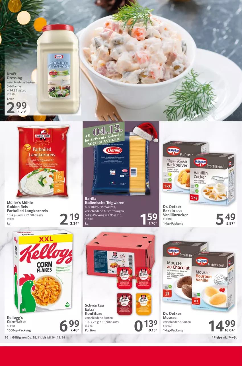 Aktueller Prospekt Selgros - Food - von 28.11 bis 04.12.2024 - strona 26 - produkty: barilla, cola, Dr. Oetker, dressing, eis, flakes, gin, hartweizen, konfitüre, korn, Langkornreis, mousse, Müller, reis, sac, schoko, Schwartau, teigwaren, Ti, zucker