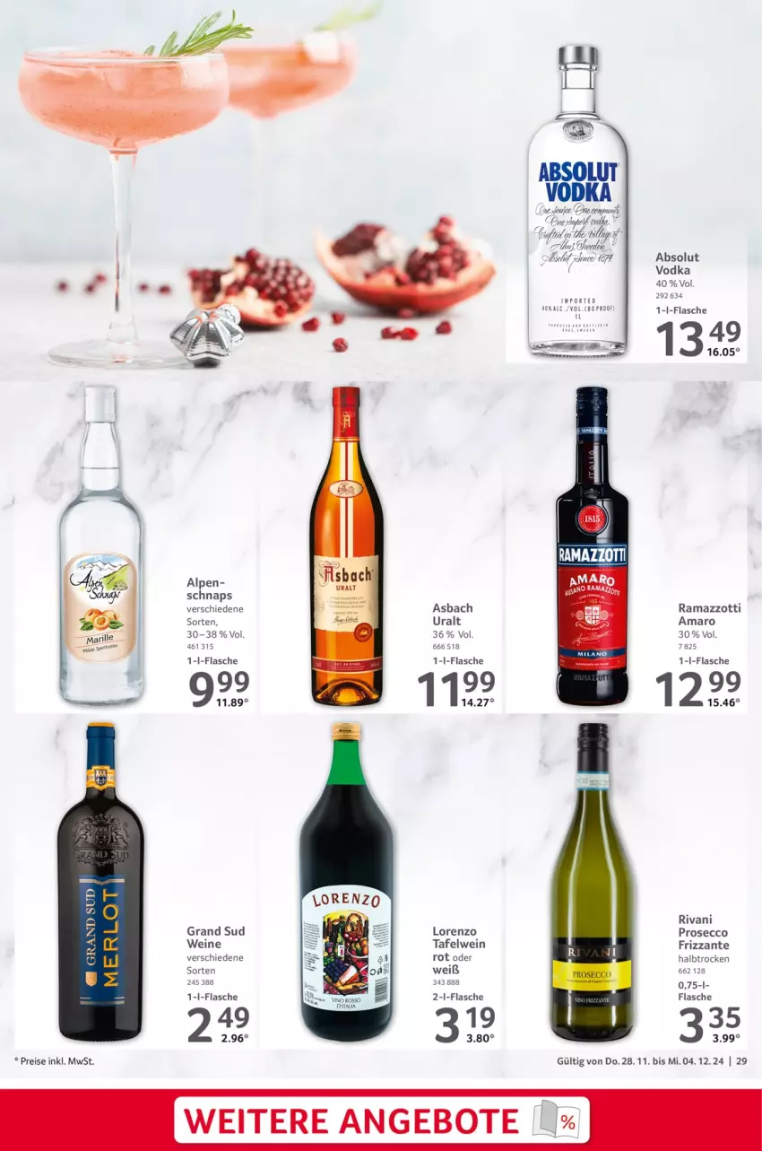 Aktueller Prospekt Selgros - Food - von 28.11 bis 04.12.2024 - strona 29 - produkty: Absolut Vodka, amaro, angebot, angebote, asbach uralt, cin, ecco, eis, flasche, frizzante, grand sud, LG, lorenz, prosecco, rama, ramazzott, ramazzotti, reis, Ti, vodka, wein, weine, zott