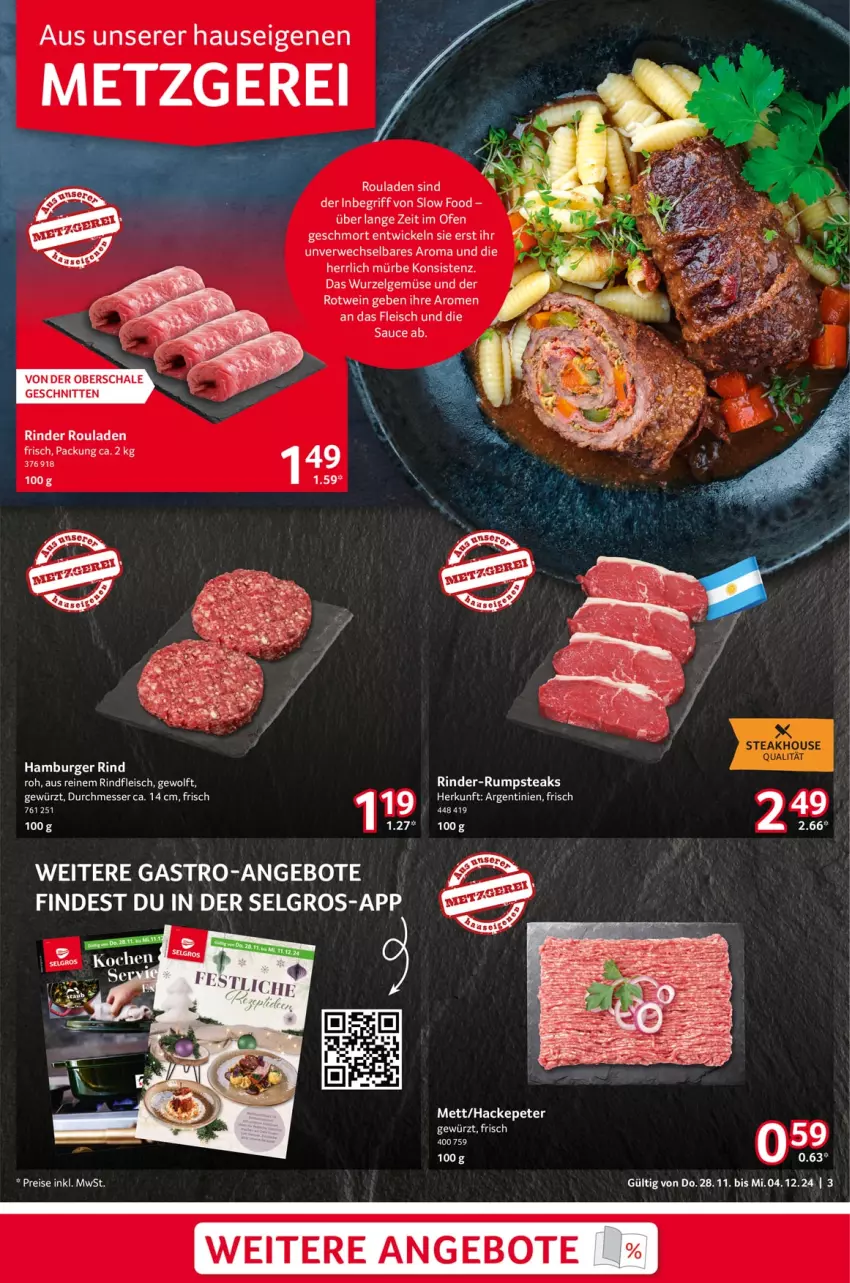 Aktueller Prospekt Selgros - Food - von 28.11 bis 04.12.2024 - strona 3 - produkty: angebot, angebote, burger, eis, fleisch, gewürz, hamburger, LG, messer, Mett, nolte, reis, rind, rinder, rinder-rumpsteak, rindfleisch, rouladen, rum, rumpsteak, rwe, sauce, steak, steaks, Ti, WICK