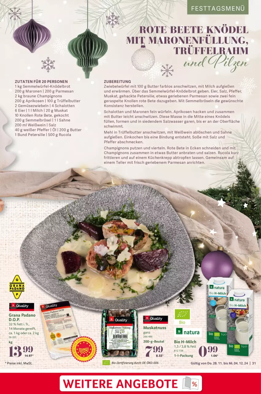 Aktueller Prospekt Selgros - Food - von 28.11 bis 04.12.2024 - strona 31 - produkty: Anrichte, aprikose, aprikosen, beutel, bio, braten, braun, brot, butter, champignon, champignons, cola, eier, eis, elle, Gemüsezwiebel, grana, grana padano, Knödel, küche, Küchen, mehl, milch, Muskatnuss, natur, natura, nuss, padano, petersilie, pfeffer, Rana, reis, rote bete, rucola, sahne, salz, Schal, Schalotte, Semmel, Semmelbrösel, Soße, teller, Ti, Tiere, Trüffel, wasser, wein, Weißwein, würfel, zwiebel, zwiebeln