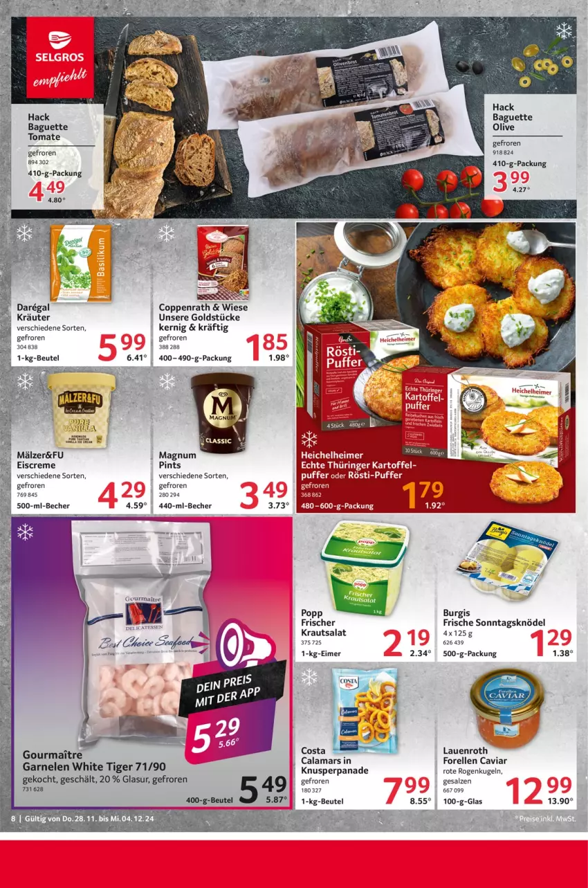 Aktueller Prospekt Selgros - Food - von 28.11 bis 04.12.2024 - strona 8 - produkty: baguette, Becher, beutel, Caviar, coppenrath, creme, eimer, eis, eiscreme, elle, forelle, Goldstücke, kartoffel, Knödel, Kraut, kräuter, krautsalat, Kugel, mars, olive, Popp, regal, rel, ring, salat, salz, Ti, tomate