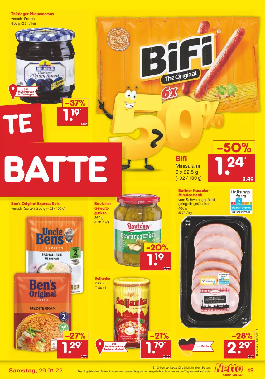 Aktueller Prospekt Netto Marken-Discount - Filial-Angebote - von 24.01 bis 29.01.2022 - strona 19 - produkty: angebot, ball, Bau, Ben’s Original, berliner, bifi, eis, gewürz, Gewürzgurke, gewürzgurken, gin, gurke, gurken, kasseler, pflaume, pflaumen, pflaumenmus, reis, ring, sac, salami, schwein, steak, Ti, wein, ZTE