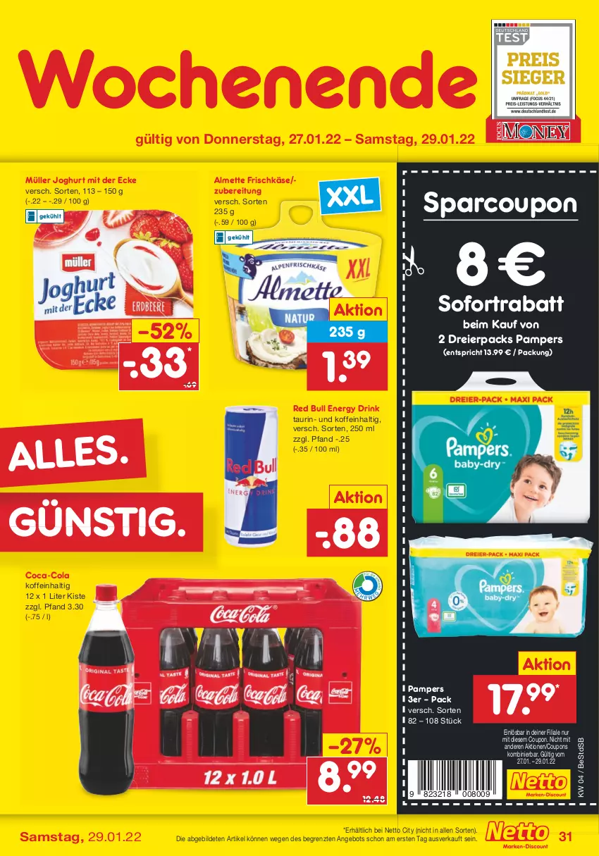 Aktueller Prospekt Netto Marken-Discount - Filial-Angebote - von 24.01 bis 29.01.2022 - strona 31 - produkty: almette, angebot, coca-cola, cola, coupon, coupons, drink, eier, energy drink, frischkäse, joghur, joghurt, joghurt mit der ecke, Käse, Mett, Müller, pampers, red bull, sofortrabatt, Ti, ZTE