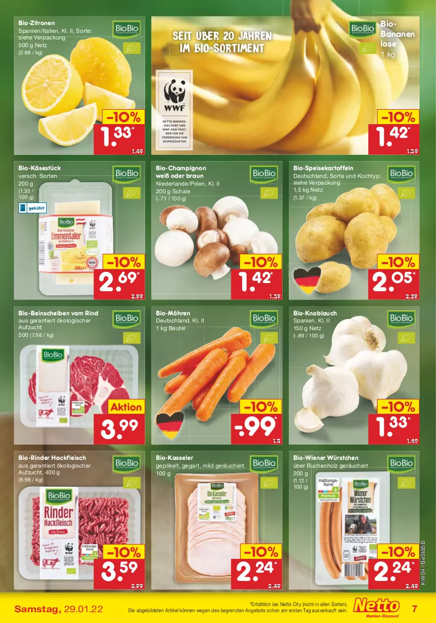 Aktueller Prospekt Netto Marken-Discount - Filial-Angebote - von 24.01 bis 29.01.2022 - strona 7 - produkty: angebot, banane, bananen, beutel, bio, Bio-Käse, bio-zitronen, braun, buch, champignon, discount, eis, fleisch, hackfleisch, Holz, kartoffel, kartoffeln, Käse, kasseler, knoblauch, möhren, rind, rinder, Schal, Schale, speisekartoffeln, Ti, wiener, wiener würstchen, würstchen, zitrone, zitronen, ZTE