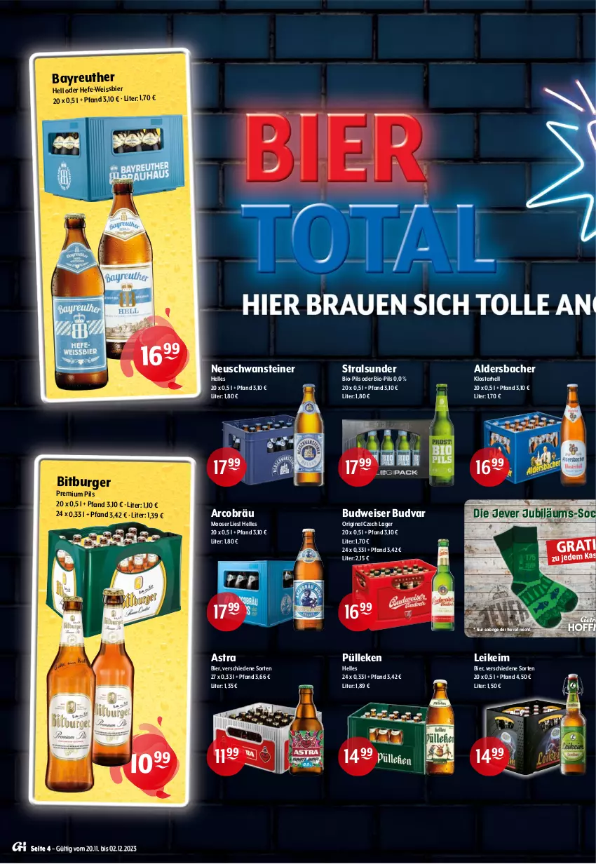 Aktueller Prospekt Getraenke Hoffmann - Prospekte - von 20.11 bis 02.12.2023 - strona 4 - produkty: Aldersbacher, Astra, bier, bio, bitburger, budweiser, burger, eis, elle, gin, Hefe, jever, Jubiläums, krombache, krombacher, mais, Maxl Helles, mönchshof, natur, oder radler, pils, pilsener, premium pils, radler, socken, steiner, Stiegl, Ti, weihenstephan, weissbier