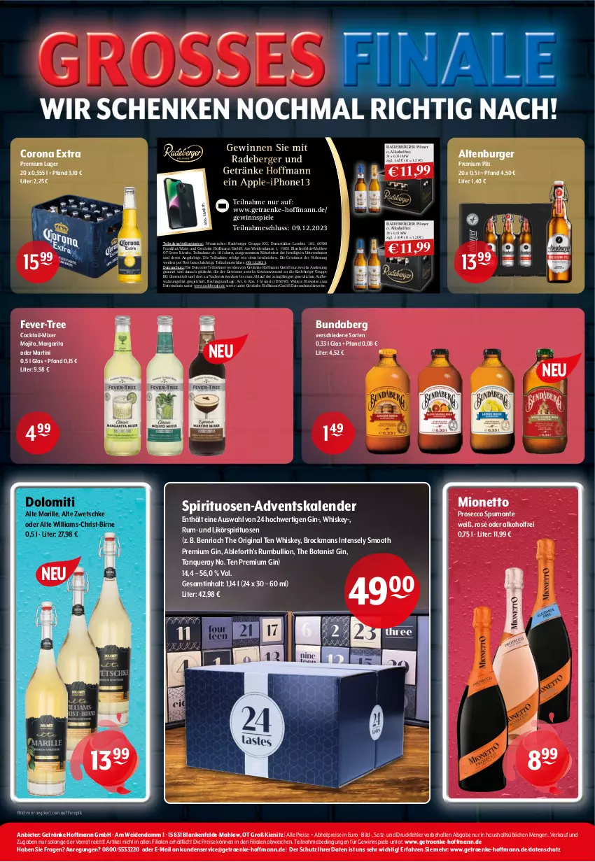 Aktueller Prospekt Getraenke Hoffmann - Prospekte - von 20.11 bis 02.12.2023 - strona 8 - produkty: abholpreise, Adventskalender, alkohol, altenburger, Apple, BenRiach, Berger, Brock, Bundaberg, burger, cocktail, corona, corona extra, ecco, eis, erde, fever-tree, getränk, getränke, gewinnspiel, gin, iphone, LG, likör, lion, martini, mionetto, Mixer, mojito, pils, pilsner, premium pils, prosecco, puma, radeberger, radeberger pilsner, reis, Ria, rum, Spiele, spirituosen, spumante, Tanqueray, Ti, weck, whiskey