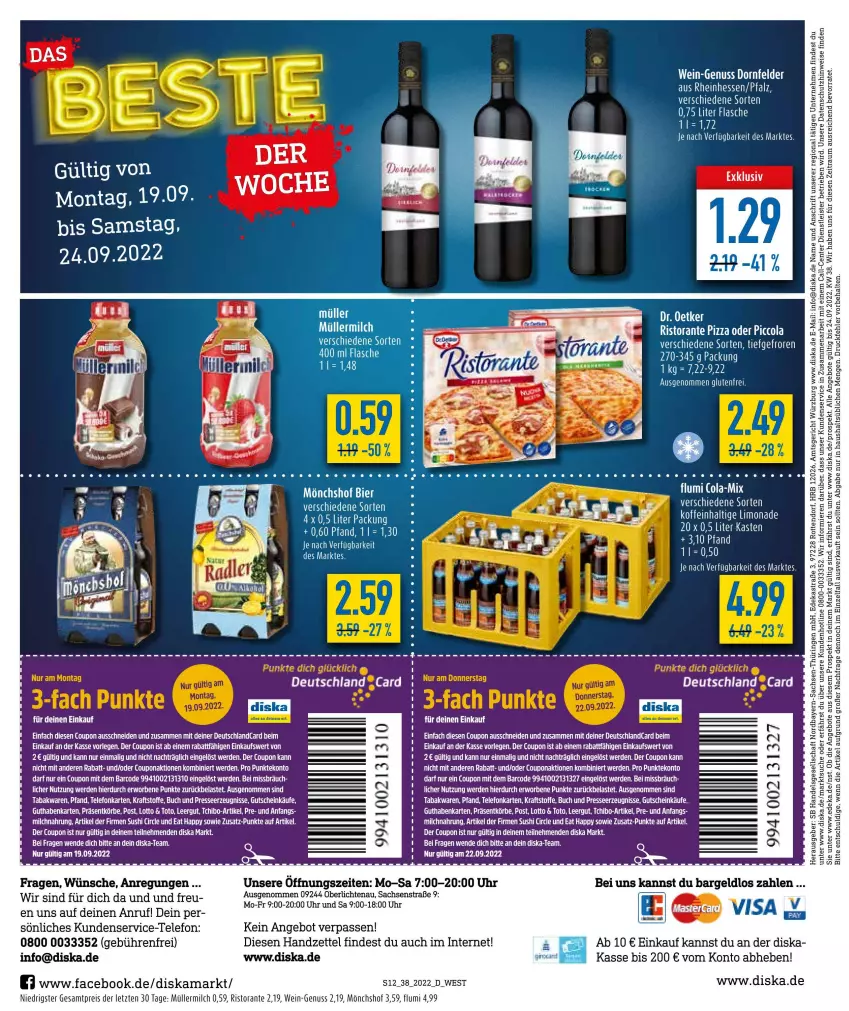 Aktueller Prospekt Diska - Prospekte - von 19.09 bis 24.09.2022 - strona 12 - produkty: angebot, angebote, Astra, bier, buch, cin, cola, coupon, deka, dornfelder, eis, ente, erde, gutschein, kraft, LG, milch, mönchshof, Müller, müllermilch, nuss, pizza, reis, ring, ristorante, ristorante pizza, sac, tee, telefon, Ti, uhr, wein, Zelt, ZTE