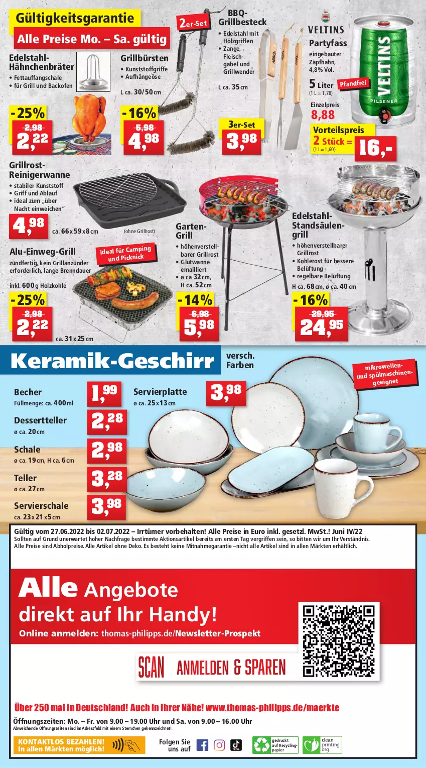 Aktueller Prospekt Thomas Philipps - Prospektwerbung - von 27.06 bis 02.07.2022 - strona 12 - produkty: abholpreise, alle preise sind abholpreise, angebot, angebote, anzünder, auer, backofen, Bau, Becher, besteck, bürste, bürsten, Clin, dessert, Dessertteller, edelstahl, eis, elle, fleisch, gabel, Garten, geschirr, grill, grillanzünder, grillrost, Handy, Holz, holzkohle, latte, LG, mikrowelle, Ofen, papier, reiniger, reis, Säulengrill, Schal, Schale, teller, Ti, uhr, vorteilspreis, Wanne