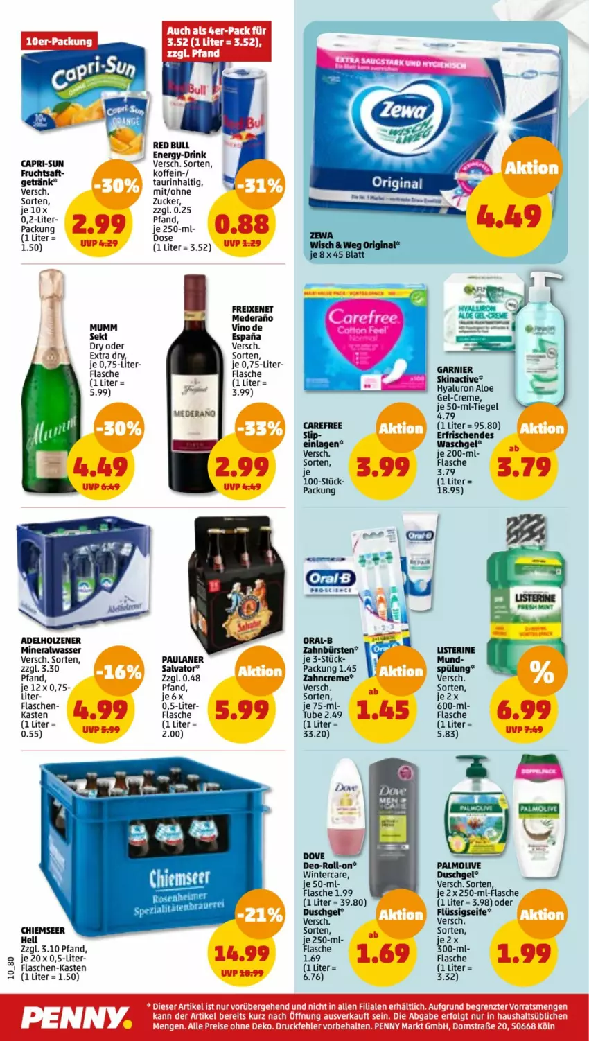 Aktueller Prospekt Penny - Prospekte - von 06.03 bis 11.03.2023 - strona 10 - produkty: adelholzener, Alwa, bürste, bürsten, Cap, capri-sun, carefree, creme, deo, drink, duschgel, flasche, flaschen-kasten, flüssigseife, freixenet, frucht, fruchtsaft, getränk, Holz, je 50-ml-tiegel, listerine, mineralwasser, mumm, olive, oral-b, palmolive, Paula, paulaner, red bull, roll-on, saft, Seife, sekt, slip, spülung, Ti, waschgel, wasser, zahnbürste, zahnbürsten, zahncreme, zucker