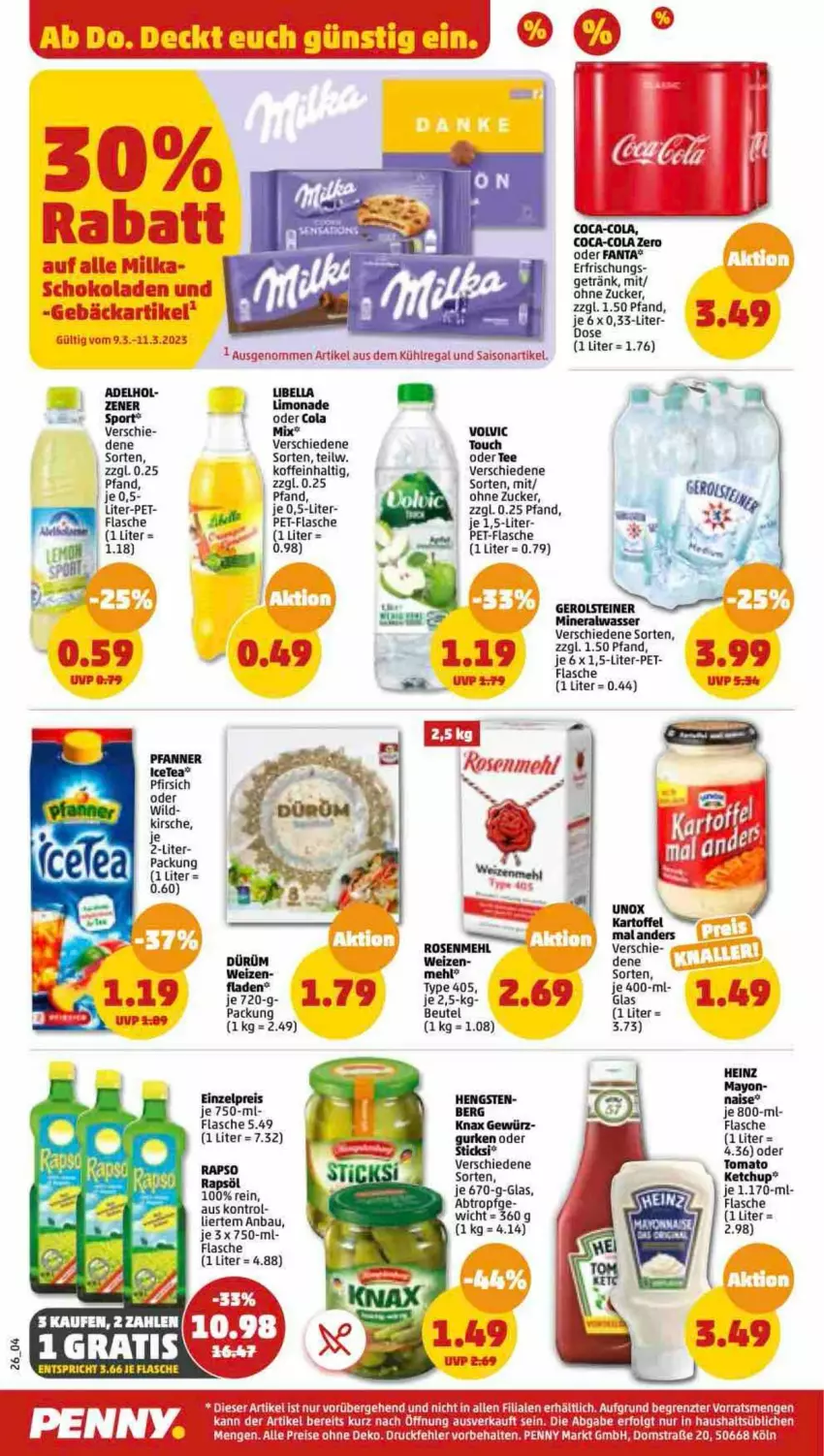 Aktueller Prospekt Penny - Prospekte - von 06.03 bis 11.03.2023 - strona 26 - produkty: Alwa, aus dem kühlregal, Bau, beutel, coca-cola, cola, eis, fanta, flasche, gerolsteine, gerolsteiner, getränk, gewürz, heinz, kartoffel, ketchup, kirsch, kirsche, kühlregal, mehl, mineralwasser, pet-flasche, pfanne, Pfanner, pfirsich, rapsöl, regal, reis, rosen, Rosenmehl, steiner, tee, Ti, tomato ketchup, wasser, Wild, Yo, ZTE, zucker