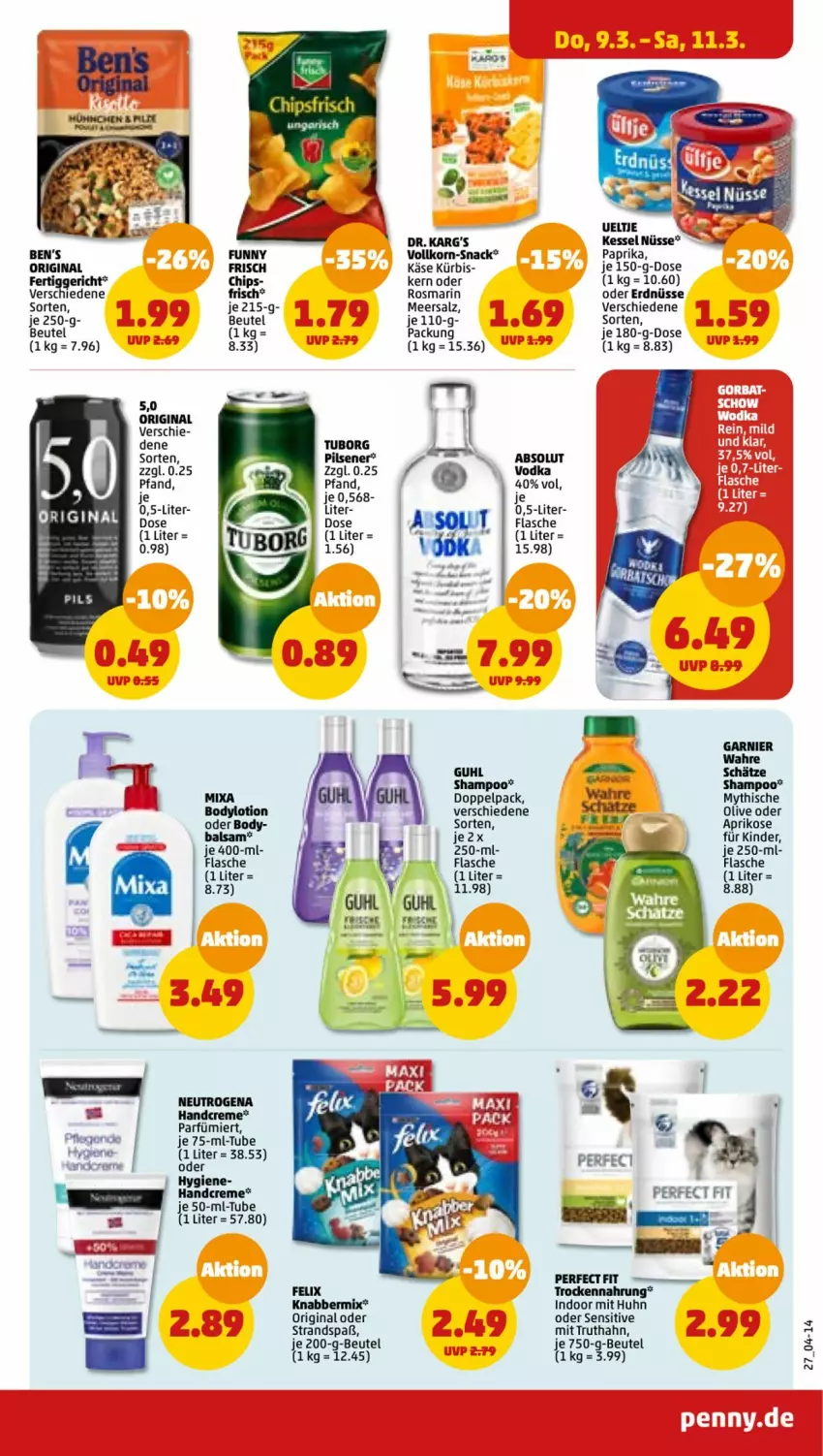 Aktueller Prospekt Penny - Prospekte - von 06.03 bis 11.03.2023 - strona 27 - produkty: Absolut Vodka, aprikose, Bad, beutel, chips, creme, erdnüsse, felix, flasche, gin, Guhl, handcreme, Käse, Kinder, korn, Kürbis, meersalz, neutrogena, olive, paprika, pils, pilsener, rosmarin, salz, shampoo, snack, Ti, Trockennahrung, truthahn, vodka