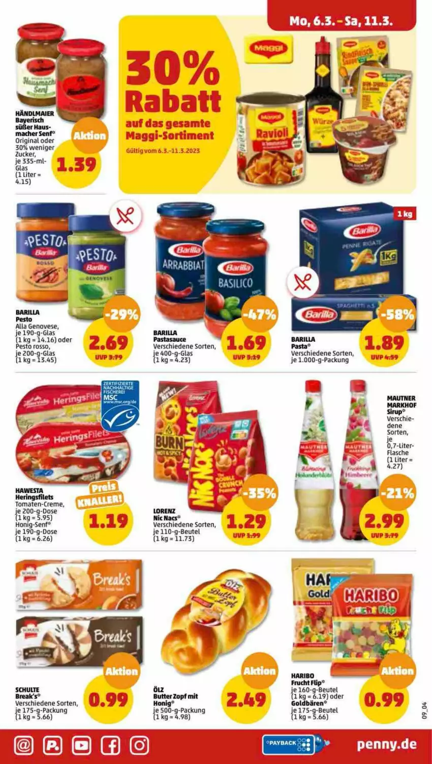 Aktueller Prospekt Penny - Prospekte - von 06.03 bis 11.03.2023 - strona 9 - produkty: barilla, beutel, butter, creme, filet, filets, flasche, frucht, genovese, gin, goldbären, haribo, hawesta, hering, Herings, heringsfilets, honig, Honig-Senf, lorenz, mac, Mautner, pasta, pesto, ring, sauce, senf, sirup, tomate, tomaten, zucker