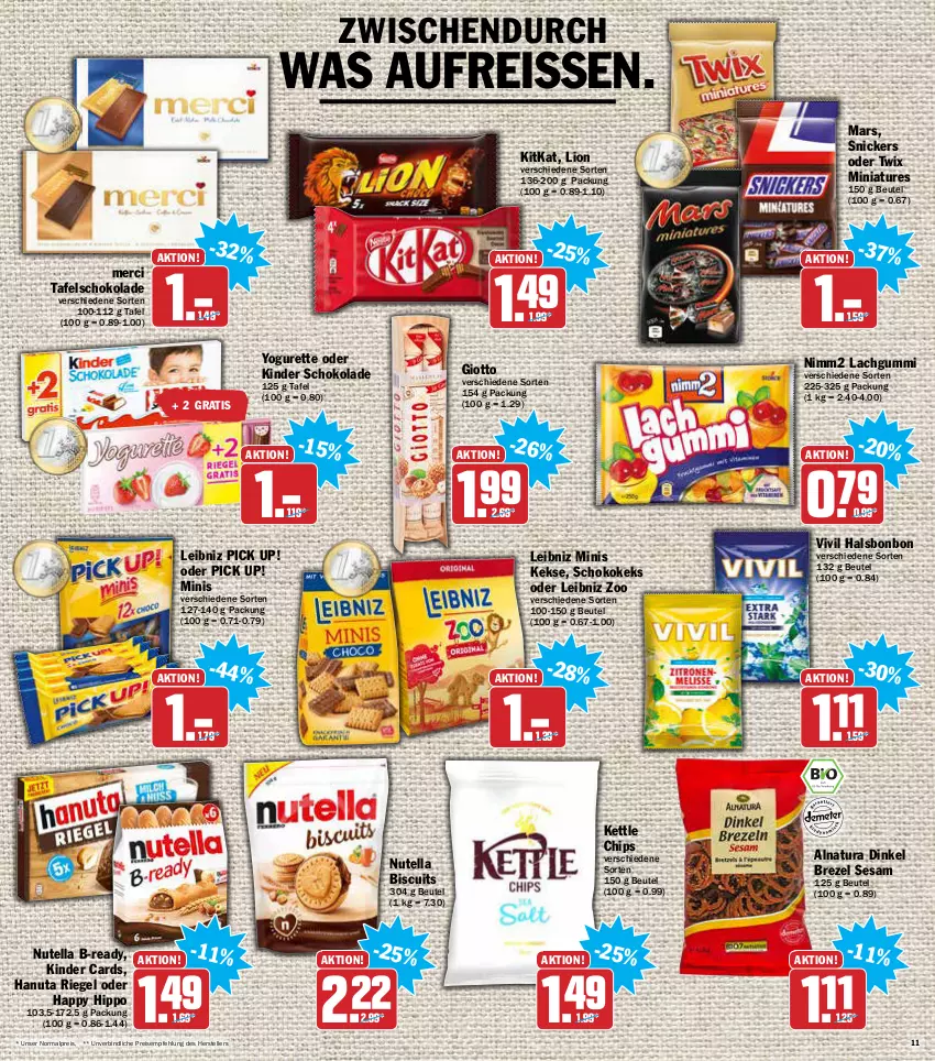 Aktueller Prospekt Aez - Prospekte - von 14.02 bis 19.02.2022 - strona 11 - produkty: beutel, brezel, chips, eis, elle, giotto, hanuta, hipp, keks, kekse, Kinder, kinder schokolade, kitkat, lachgummi, leibniz, lion, mars, merci, natur, natura, nimm2, nutella, oder twix, Pick Up!, reis, reiss, riegel, schoko, schokolade, sesam, snickers, tafelschokolade, teller, Ti, twix, Yo, yogurette