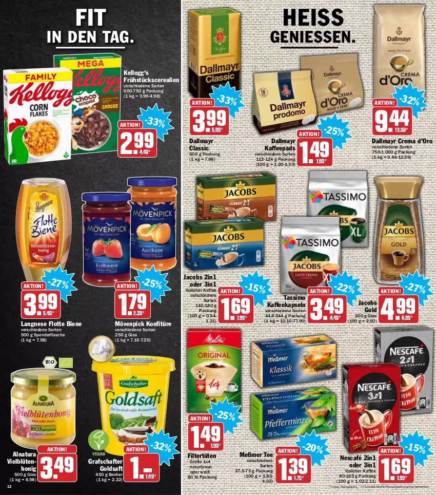 Aktueller Prospekt Aez - Prospekte - von 14.02 bis 19.02.2022 - strona 12 - produkty: Becher, Blüte, blütenhonig, braun, cerealien, dallmayr, eis, elle, flasche, goldsaft, grafschafter, honig, jacobs, Jacobs Gold, kaffee, kaffeekapseln, kaffeepads, Kellogg‘s, konfitüre, langnese, löslicher kaffee, Meßmer, mövenpick, natur, natura, Nescafé, reis, saft, sim, tassimo, tee, teller, Ti, Tüte