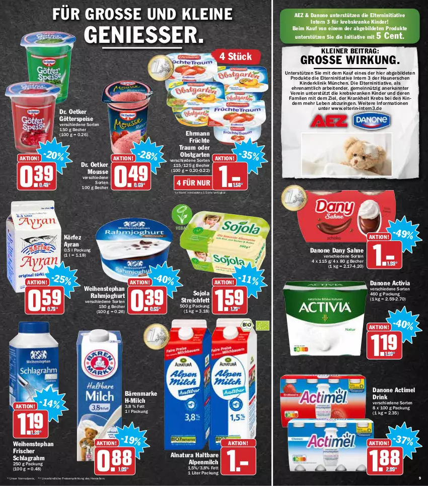 Aktueller Prospekt Aez - Prospekte - von 14.02 bis 19.02.2022 - strona 9 - produkty: actimel, actimel drink, activia, AEZ, alpenmilch, Ayran, bärenmarke, Becher, danone, danone actimel drink, danone activia, Dany, dany sahne, Dr. Oetker, drink, ehrmann, eis, elle, früchte, Garten, götterspeise, joghur, joghurt, Kinder, Krebs, leine, milch, mousse, natur, natura, obst, obstgarten, rahmjoghurt, reis, ring, sahne, schlagrahm, teller, tender, Ti, weihenstephan