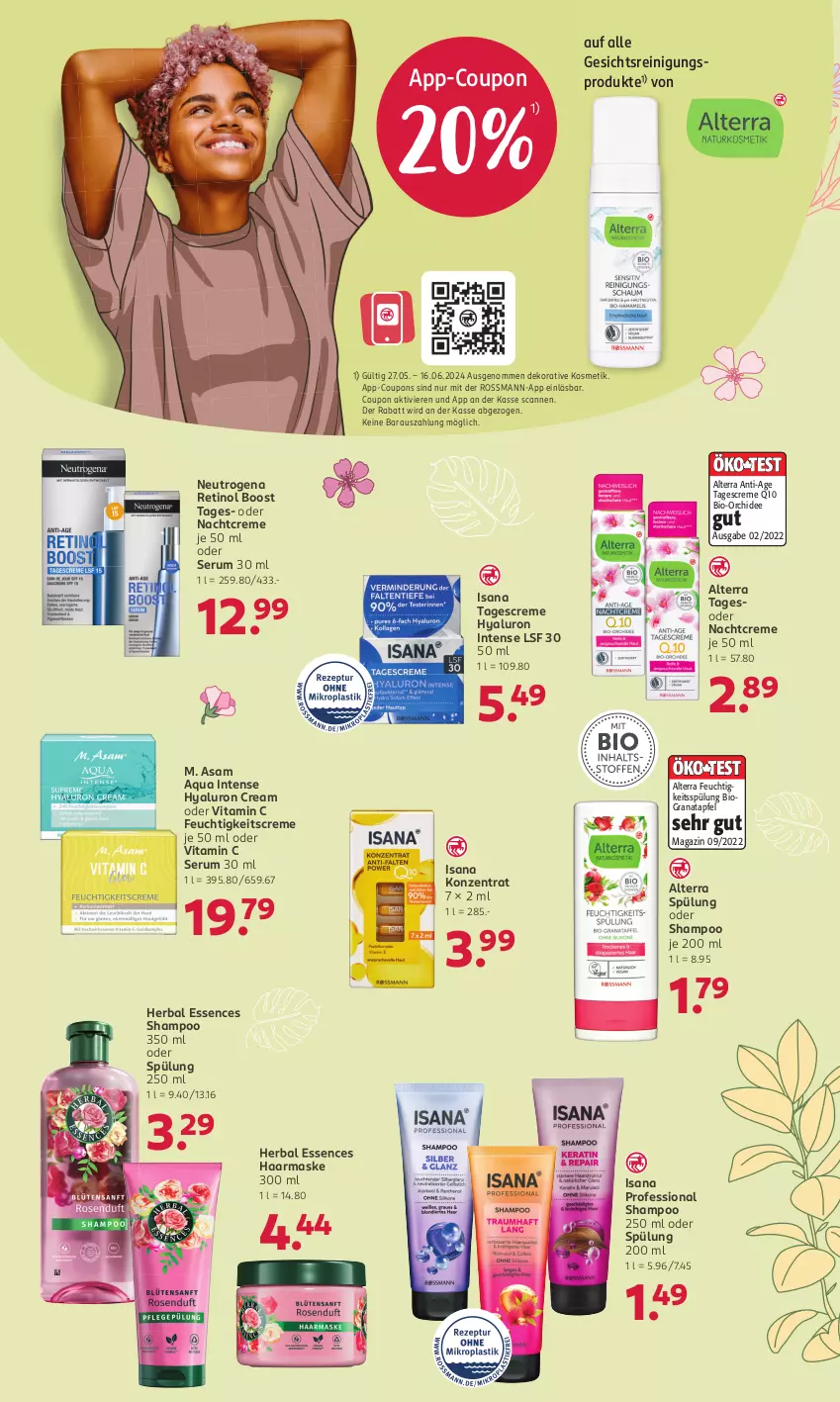 Aktueller Prospekt Rossmann - Prospekte - von 06.05 bis 28.07.2024 - strona 10 - produkty: alterra, apfel, aqua, bio, coupon, coupons, creme, feuchtigkeitscreme, grana, granatapfel, hyaluron, isana, kosmetik, magazin, Maske, nachtcreme, neutrogena, orchidee, Q10, Rana, Reinigung, rum, sana, Serum, shampoo, shampoo 250 ml, spülung, spülung 200 ml, tagescreme, Ti, vita, Vitamin C