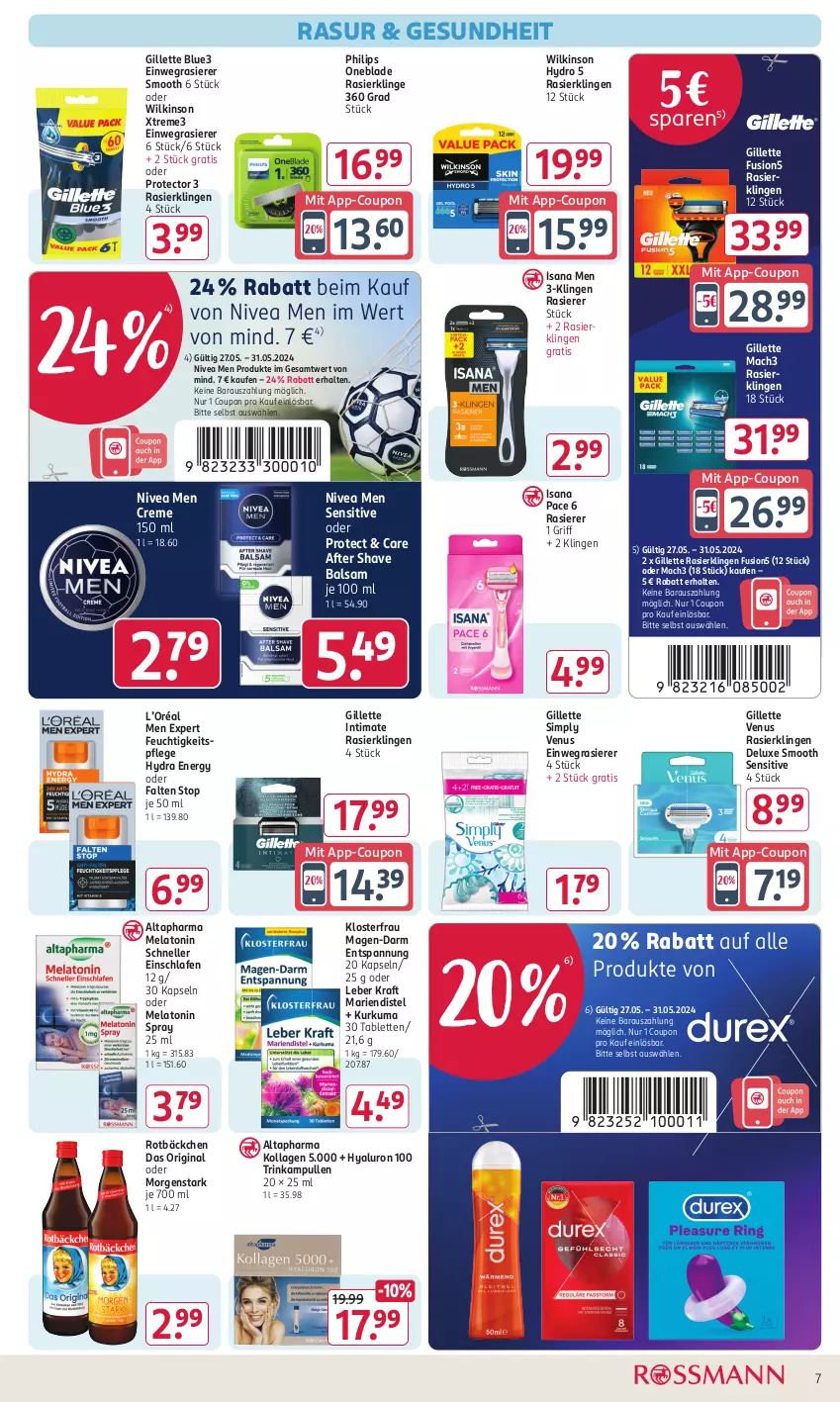 Aktueller Prospekt Rossmann - Prospekte - von 06.05 bis 28.07.2024 - strona 13 - produkty: after shave, Altapharma, balsam, coupon, creme, einwegrasierer, elle, feuchtigkeitspflege, fusion5, Gesundheit, gillette, gillette venus, gin, hyaluron, isana, Kollagen, kraft, mac, mach3, nivea, Nivea Men, Philips, rasierer, Rasierklinge, rasierklingen, sana, sim, tablet, tablett, Tablette, Ti, venus, wilkinson