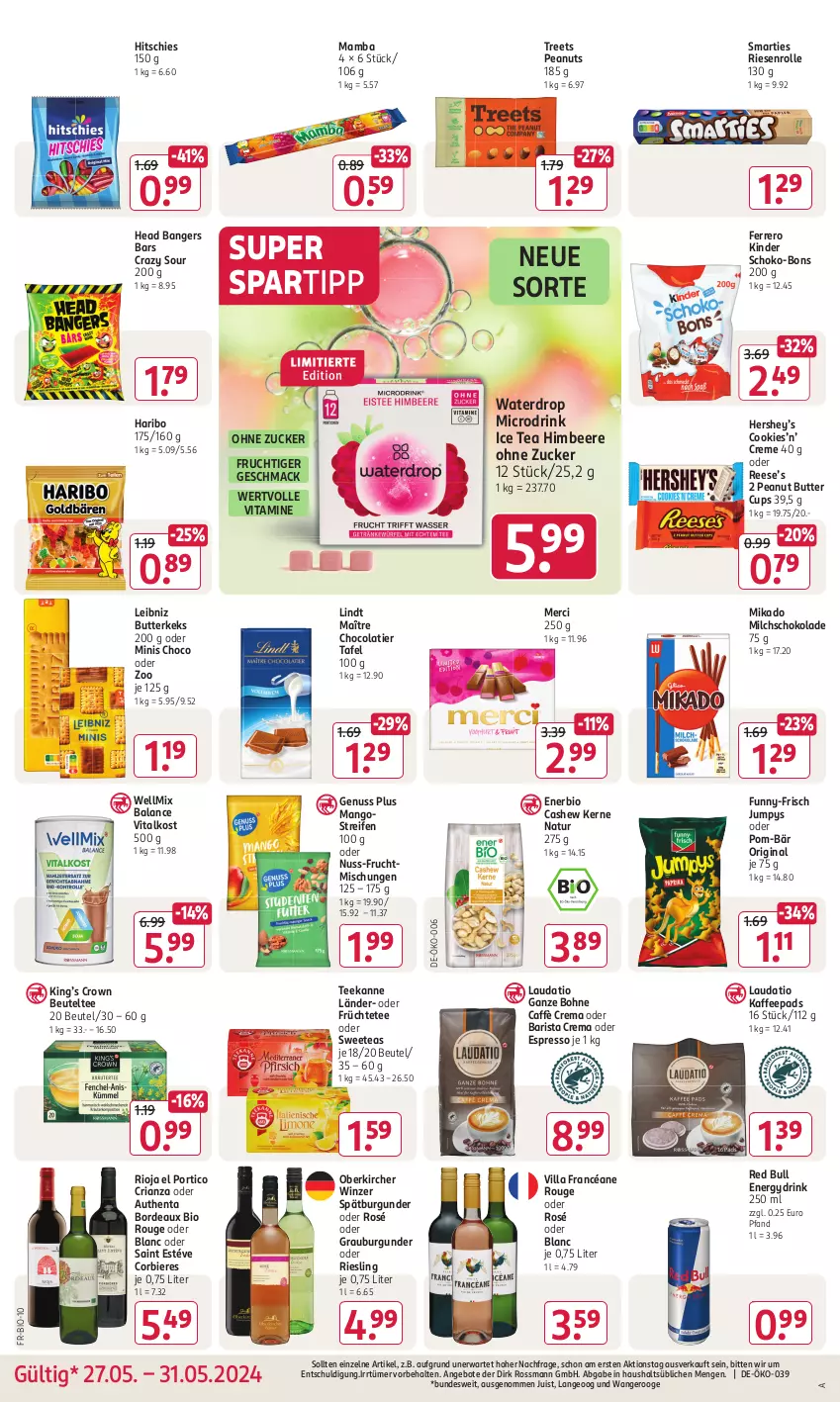 Aktueller Prospekt Rossmann - Prospekte - von 06.05 bis 28.07.2024 - strona 18 - produkty: angebot, angebote, beere, beutel, bier, Biere, bio, bohne, burgunder, butter, butterkeks, caffè crema, Cashew, cola, cookie, cookies, creme, drink, espresso, ferrero, frucht, früchte, Früchtetee, funny-frisch, gin, grauburgunder, haribo, himbeer, himbeere, ice tea, kaffee, kaffeepads, keks, Kinder, leibniz, lindt, mac, mam, mango, mangos, merci, mikado, milch, natur, nuss, oder espresso, peanut butter, pom-bär, red bull, reifen, Ria, riesling, rioja, rouge, schoko, schoko-bons, schokolade, smarties, spartipp, spätburgunder, tee, teekanne, Ti, vita, Vitamine, zucker