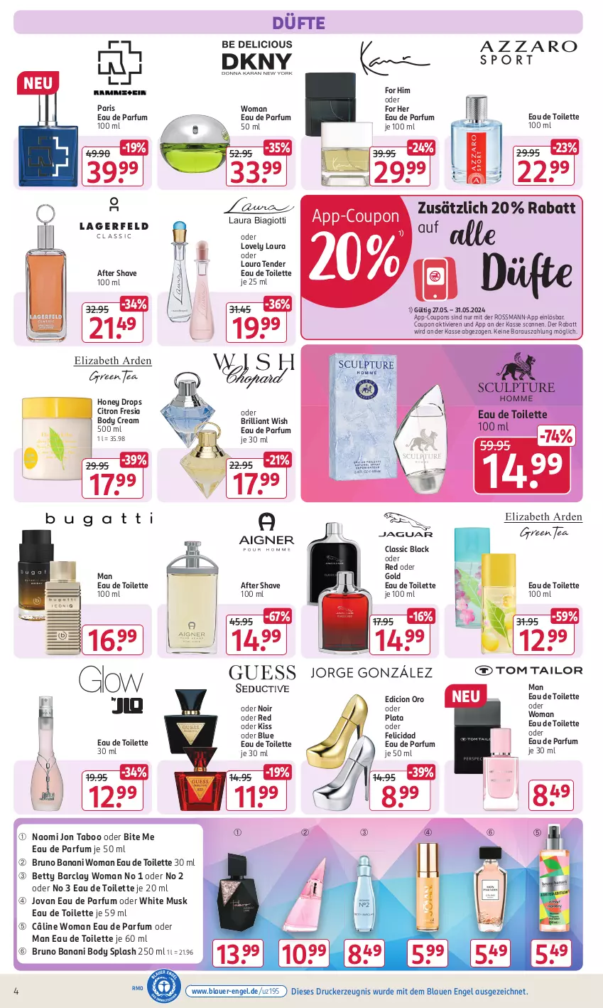 Aktueller Prospekt Rossmann - Prospekte - von 06.05 bis 28.07.2024 - strona 4 - produkty: after shave, auer, bett, body, bruno banani, coupon, coupons, drucker, Eau de parfum, eau de parfum 50 ml, eau de toilette, eau de toilette 100 ml, eau de toilette 30 ml, Engel, kerze, lack, laura biagiotti, parfum, tender, Ti