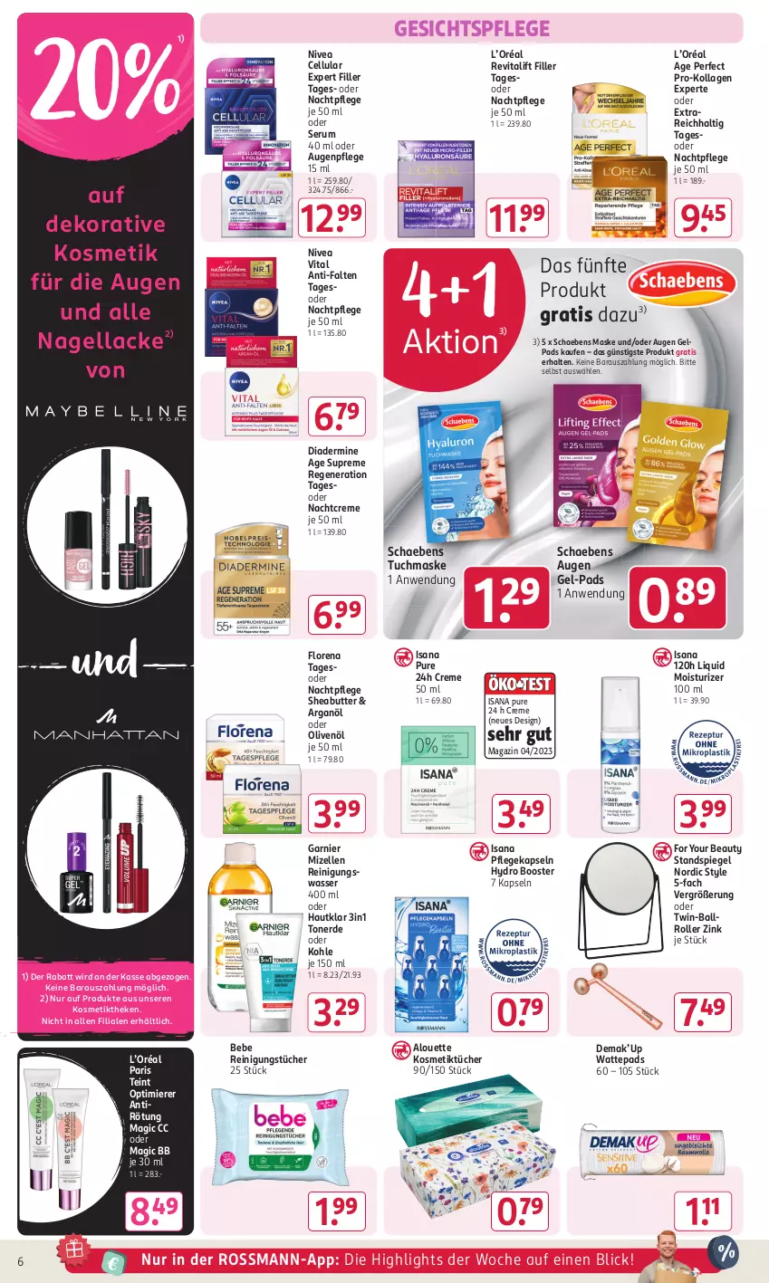 Aktueller Prospekt Rossmann - Prospekte - von 06.05 bis 28.07.2024 - strona 8 - produkty: alouette, Augenpflege, ball, Bebe, butter, creme, Diadermine, elle, erde, For Your Beauty, garnier, gesichtspflege, gsw, isana, Kollagen, kosmetik, Kosmetiktücher, lack, Lacke, magazin, Maske, mizellen, Mizellen Reinigungswasser, nachtcreme, nachtpflege, Nagellack, nivea, olive, oliven, olivenöl, Reinigung, reinigungstücher, Revital, revitalift, Roller, rum, sana, Schaebens, Serum, Sheabutter, spiegel, Standspiegel, Ti, Toner, tuc, tücher, tuchmaske, vita, wasser, wattepads, Yo