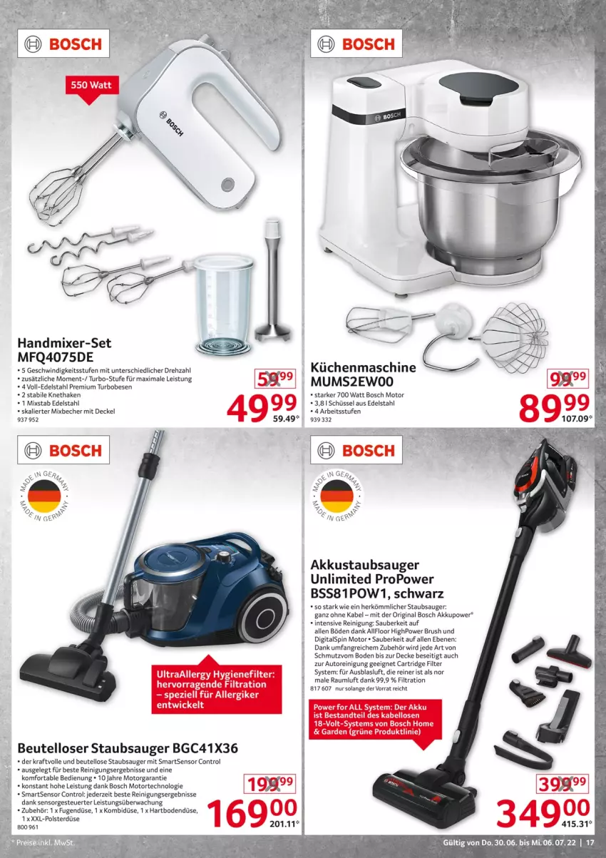 Aktueller Prospekt Selgros - Nonfood - von 30.06 bis 06.07.2022 - strona 17 - produkty: akku, auto, Becher, beutel, bosch, decke, Deckel, edelstahl, eis, gin, handmixer, HP, hygienefilter, kraft, küche, Küchen, küchenmaschine, Mixer, Reinigung, reis, schüssel, Spezi, staubsauger, tee, Ti, torte, usb, WICK