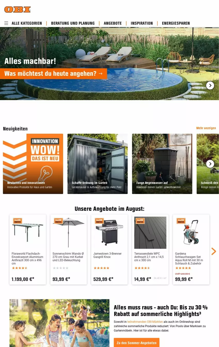 Aktueller Prospekt Obi - Prospekte - von 01.08 bis 09.08.2023 - strona 1 - produkty: angebot, angebote, aqua, beleuchtung, bett, Carport, gardena, Garten, gartenmöbel, gasgrill, grill, led-beleuchtung, mac, merl, möbel, neuheit, pool, ring, schlauch, schlauchwagen, sonnenschirm, Ti, wasser