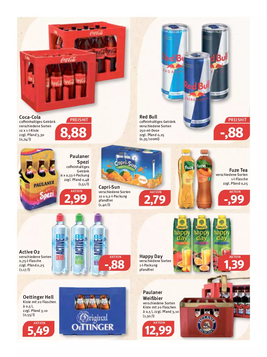 Aktueller Prospekt Feneberg - Prospekte - von 24.03 bis 26.03.2022 - strona 23 - produkty: bier, Cap, capri-sun, coca-cola, coffein, cola, eis, flasche, fuze tea, getränk, Happy Day, oettinger, Paula, paulaner, red bull, reis, Spezi, Ti