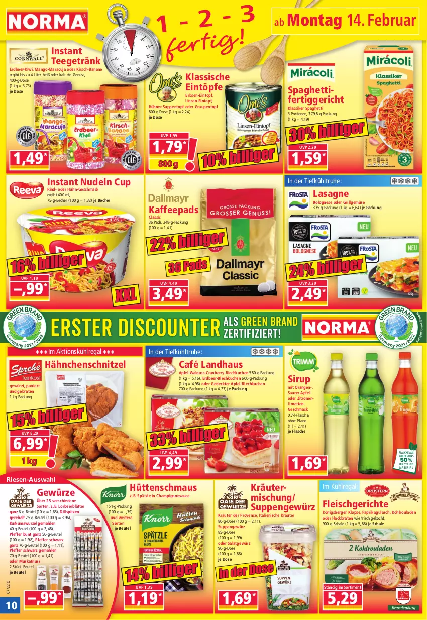 Aktueller Prospekt Norma - Norma - von 14.02 bis 21.02.2022 - strona 10 - produkty: apfel, banane, Becher, Berger, beutel, bolognese, braten, Café Landhaus, champignon, champignons, Clin, cranberry, eintopf, eintöpfe, eis, erbsen, fertiggericht, flasche, fleisch, getränk, gewürz, grill, gulasch, Hähnchenschnitzel, hühner, kaffee, kaffeepads, kirsch, kiwi, Kohlrouladen, Königsberger Klopse, kräuter, kuchen, kühlregal, lasagne, LG, limette, limetten, linsen, linsen-eintopf, mac, mango, maracuja, Maus, Mett, metten, Muskatnuss, nudel, nudeln, nuss, orange, orangen, paprika, pfeffer, recyclingmaterial, regal, Ria, rouladen, salat, sauce, Schal, Schale, schnitzel, sirup, spaghetti, suppe, suppen, tee, Ti, topf, walnuss, zitrone, zitronen