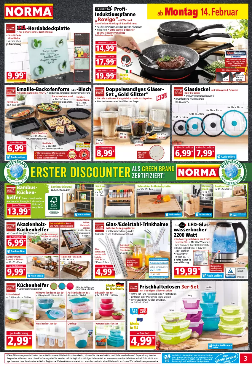 Aktueller Prospekt Norma - Norma - von 14.02 bis 21.02.2022 - strona 3 - produkty: Abba, aufbewahrungsbox, aufschnitt, backofen, bambus, Bau, Bebe, Becher, beleuchtung, bio, brie, brot, Brotkasten, buch, bürste, decke, Deckel, Eckregal, edelstahl, eis, elle, frischhaltedosen, getränk, getränke, gin, Glasdeckel, Gläser, Holz, Kocher, korb, kräuter, küche, kuchen, Küchen, Küchenhelfer, Küchenregal, latte, Laufen, maille, Messbecher, messer, mikrowelle, ndk, Ofen, pfanne, Pfau, pizza, Quiche, regal, Reinigung, reinigungsbürste, reis, Rührschüssel, schüssel, spülmaschinen, tablet, tee, Ti, topf, Trinkhalme, wasser, wasserkocher