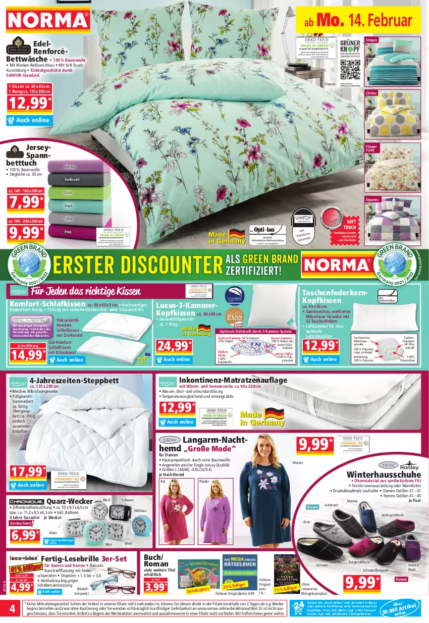 Aktueller Prospekt Norma - Norma - von 14.02 bis 21.02.2022 - strona 4 - produkty: aqua, asti, batterie, Bau, baumwolle, Bebe, beleuchtung, bett, Betttuch, bettwäsche, Brille, buch, dell, eis, elle, federkern, flieder, Flowers, gin, Hausschuhe, hemd, Inkontinenz-Matratzenauflage, kissen, kopfkissen, kraft, lack, LG, mab, matratze, matratzen, matratzenauflage, mikrofaser, mint, Mode, Nachthemd, ndk, reine baumwolle, reis, Ria, sac, schuhe, spannbetttuch, Spiele, steppbett, Tasche, taschen, Ti, tisch, tuc, wasser, weck, wolle