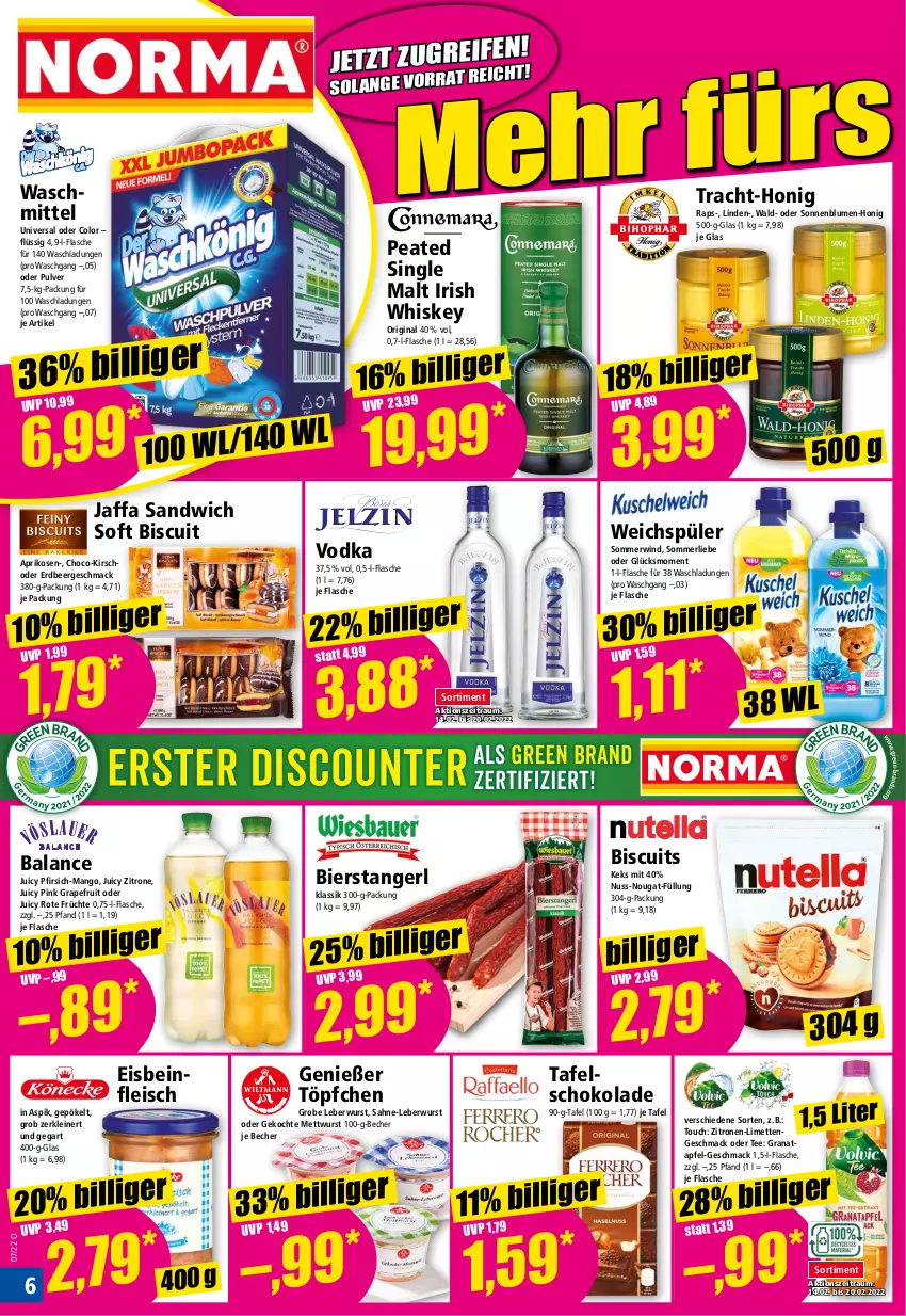 Aktueller Prospekt Norma - Norma - von 14.02 bis 21.02.2022 - strona 6 - produkty: apfel, aprikose, aprikosen, Becher, bier, blume, blumen, eis, flasche, fleisch, früchte, gin, grana, granatapfel, grapefruit, honig, irish whiskey, keks, kirsch, leberwurst, leine, limette, limetten, mac, mango, merl, Mett, metten, mettwurst, nuss, pfirsich, Rana, sahne, sandwich, schoko, schokolade, single malt, sonnenblume, sonnenblumen, tafelschokolade, tee, Ti, Töpfchen, vodka, waschmittel, weichspüler, whiskey, wurst, zitrone, zitronen