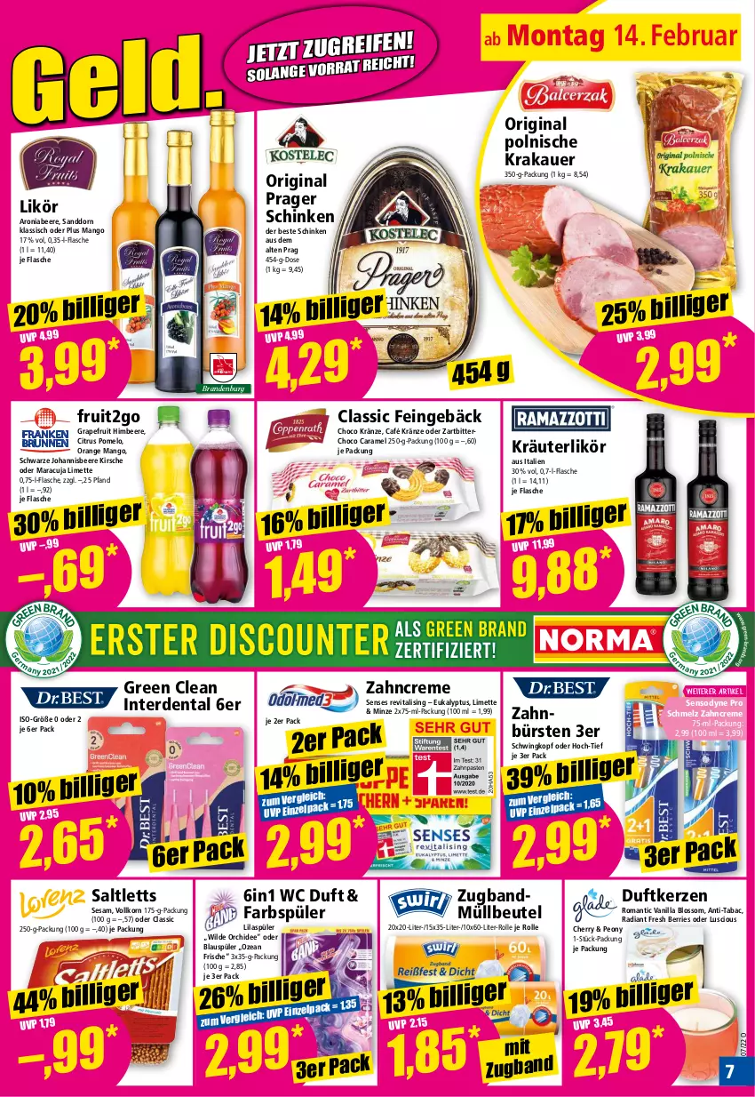 Aktueller Prospekt Norma - Norma - von 14.02 bis 21.02.2022 - strona 7 - produkty: auer, beere, beutel, bürste, bürsten, caramel, citrus, creme, Duftkerze, erde, flasche, gin, grapefruit, himbeer, himbeere, johannisbeere, kerze, kirsch, kirsche, korn, krakauer, kräuter, kräuterlikör, likör, limette, mango, maracuja, Mett, minze, müllbeutel, orange, orchidee, Pomelo, Revital, saltletts, sanddorn, schinken, sensodyne, sesam, Ti, vita, vitalis, Wild, zahnbürste, zahnbürsten, zahncreme