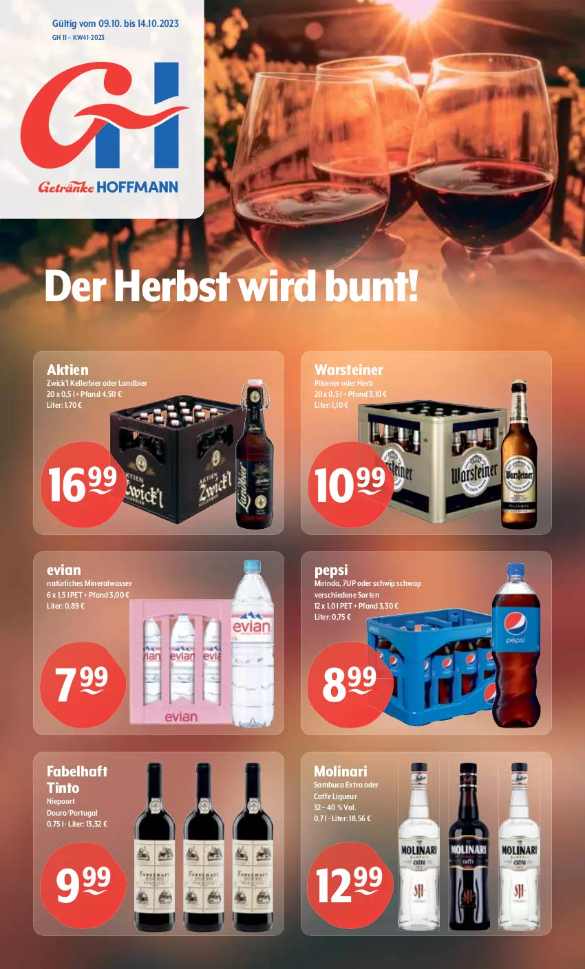 Aktueller Prospekt Getraenke Hoffmann - Prospekte - von 09.10 bis 14.10.2023 - strona 1 - produkty: 7UP, Alwa, bier, caffe, elle, kellerbier, liqueur, mineralwasser, Mirinda, Molinari, natürliches mineralwasser, pepsi, pils, pilsener, rind, sambuca, Schwip Schwap, steiner, Ti, warsteiner, wasser, WICK