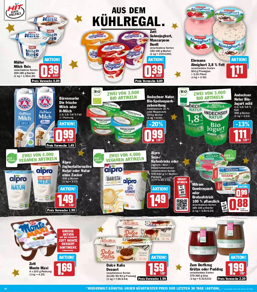 Aktueller Prospekt Hit - Wochenprospekt - von 16.12 bis 21.12.2024 - strona 10 - produkty: almighur, almighurt, alpro, andechser natur, aufstrich, aus dem kühlregal, bärenmarke, Becher, bio, brot, brotaufstrich, coupon, dessert, drink, drinks, ehrmann, ehrmann almighurt, eis, frische milch, gewürz, gewürzquark, grütze, hafer, Haferdrink, joghur, joghurt, jogurt, kühlregal, mascarpone, milch, milram, monte, Müller, natur, pudding, quark, regal, reis, sahne, Sahnejoghurt, Skyr, soja, speisequark, Ti, zott, Zott Monte, ZTE, zucker, Zum Dorfkrug