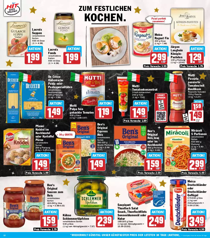 Aktueller Prospekt Hit - Wochenprospekt - von 16.12 bis 21.12.2024 - strona 12 - produkty: basilikum, beutel, blume, blumen, blumenöl, coupon, De Cecco, ecco, eis, filet, filets, fisch, flasche, Geflügel, gin, italienische pasta, kartoffel, Knödel, kochbeutel, Kühne, meica, Mirácoli, Mutti, natur, pasta, pastete, pfanni, püree, Ragout, reis, salat, sauce, saucen, saupiquet, schlemmertöpfchen, snack, sonnenblume, sonnenblumen, sonnenblumenöl, Spezi, suppe, suppen, thunfisch, thunfisch salat, Ti, tomate, tomaten, Töpfchen, ZTE