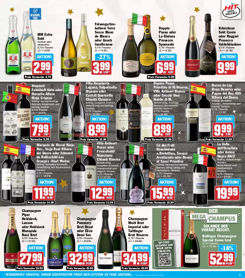 Aktueller Prospekt Hit - Wochenprospekt - von 16.12 bis 21.12.2024 - strona 17 - produkty: aldi, alkohol, beere, beeren, brause, brut, champagne, champagner, chia, chianti, classico, cuvée, de blancs, dell, doppio passo, ecco, eis, elle, finesse, flasche, frucht, Garten, La Gioiosa, mm extra, Pago, passo, primitivo, prosecco, puma, reis, Ria, rioja, riserva, saft, sekt, spumante, Ti, valdo, Valpolicella, ZTE