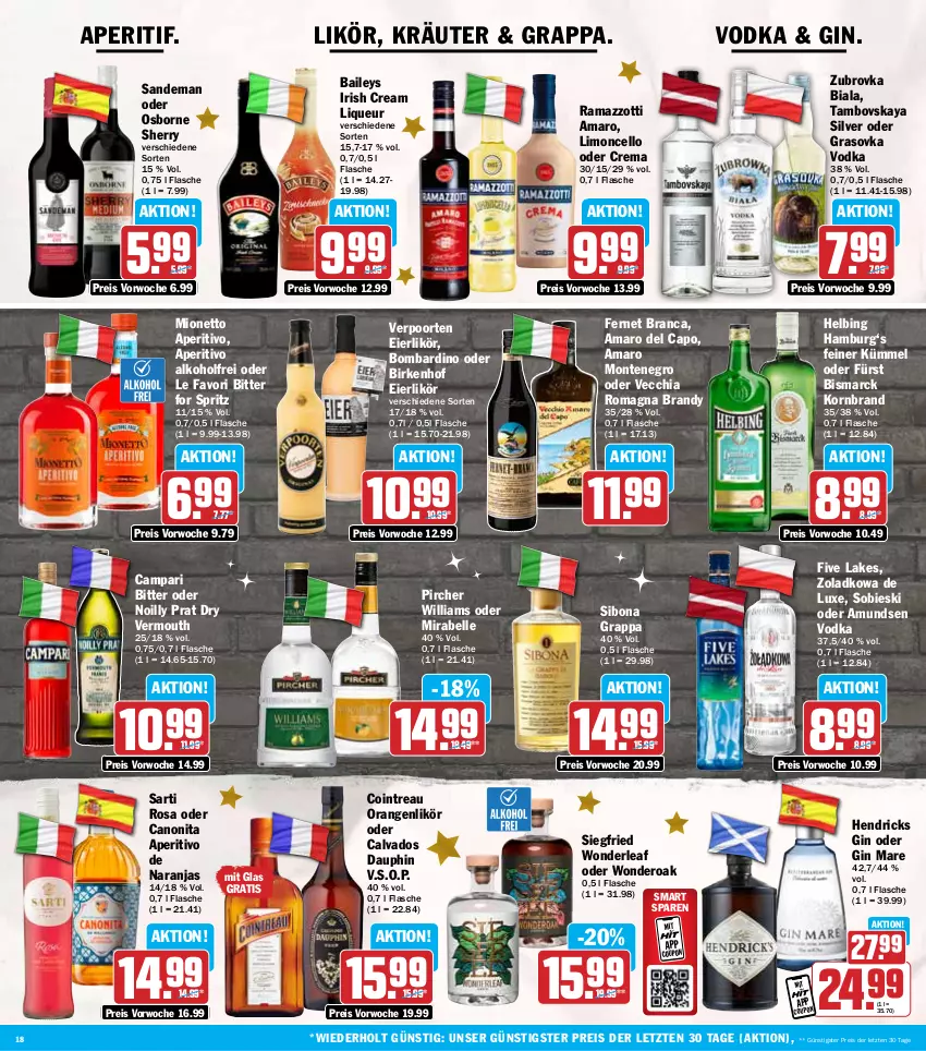 Aktueller Prospekt Hit - Wochenprospekt - von 16.12 bis 21.12.2024 - strona 18 - produkty: alkohol, amaro, Amaro del Capo, aperitif, baileys, bismarck, Bona, campari, canon, Cap, chia, coupon, eier, eierlikör, eis, elle, Fernet, fernet branca, flasche, gin, gin mare, grappa, irish cream, korn, kräuter, likör, limo, liqueur, mionetto, monte, orange, orangen, osborne, pircher, rama, ramazzott, ramazzotti, reis, Ti, Vecchia Romagna, Vermouth, verpoorten, vodka, zott, ZTE