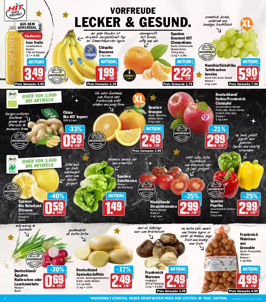 Aktueller Prospekt Hit - Wochenprospekt - von 16.12 bis 21.12.2024 - strona 2 - produkty: aus dem kühlregal, banane, bananen, bio, bio hit, braten, chiquita, clementinen, eis, flasche, fleisch, frucht, fruchtfleisch, glasflasche, grill, ilag, ingwer, kartoffel, kartoffeln, kühlregal, Lauchzwiebel, lauchzwiebeln, mac, natur, naturland, navelina, nuss, orange, orangen, paprika, Pink Lady, radieschen, Rauch, regal, reis, rwe, saft, salat, salatherzen, Schal, Schale, snack, speisekartoffeln, strauchtomaten, tafeltrauben, Ti, tisch, tomate, tomaten, trauben, true fruits, walnuss, zitrone, zitronen, ZTE, zucker, zwiebel, zwiebeln