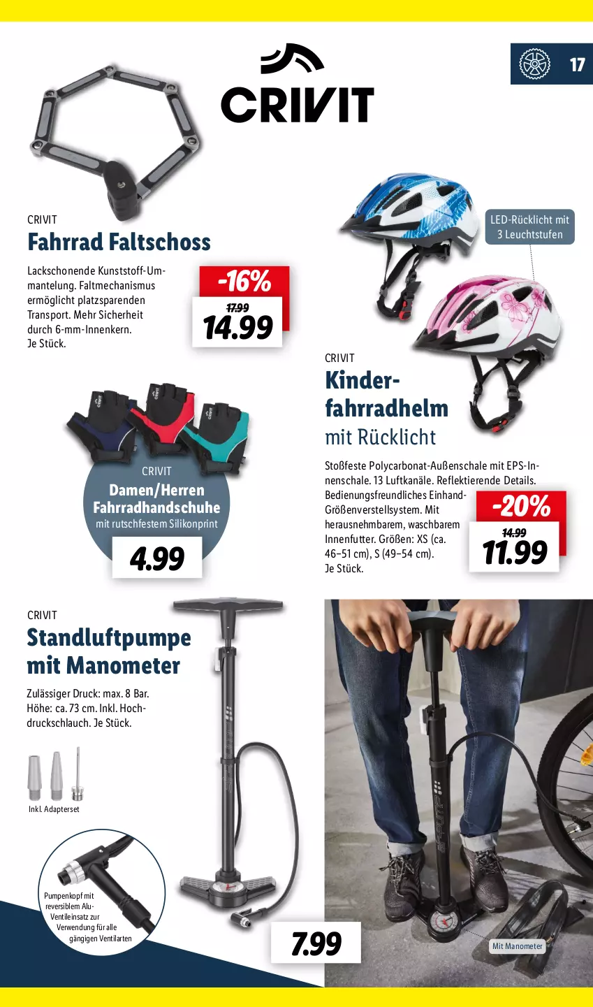 Aktueller Prospekt Lidl - Fahrrad Magazin 2023 - von 03.06 bis 18.06.2023 - strona 17 - produkty: adapter, Bona, crivit, Fahrrad, fahrradhelm, handschuhe, Kinder, Kinderfahrrad, lack, Mantel, rücklicht, rwe, Schal, Schale, schlauch, schuhe, Sport, Ti, Tiere