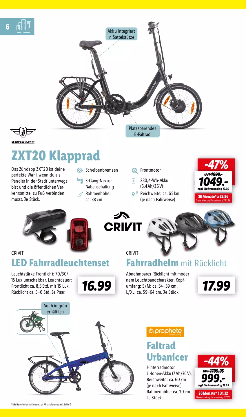 Aktueller Prospekt Lidl - Fahrrad Magazin 2023 - von 03.06 bis 18.06.2023 - strona 6 - produkty: akku, auer, binden, crivit, eis, Fahrrad, fahrradhelm, Klapprad, Leuchte, leuchten, Mode, nexus, rücklicht, rwe, sattel, sattelstütze, Schal, Ti