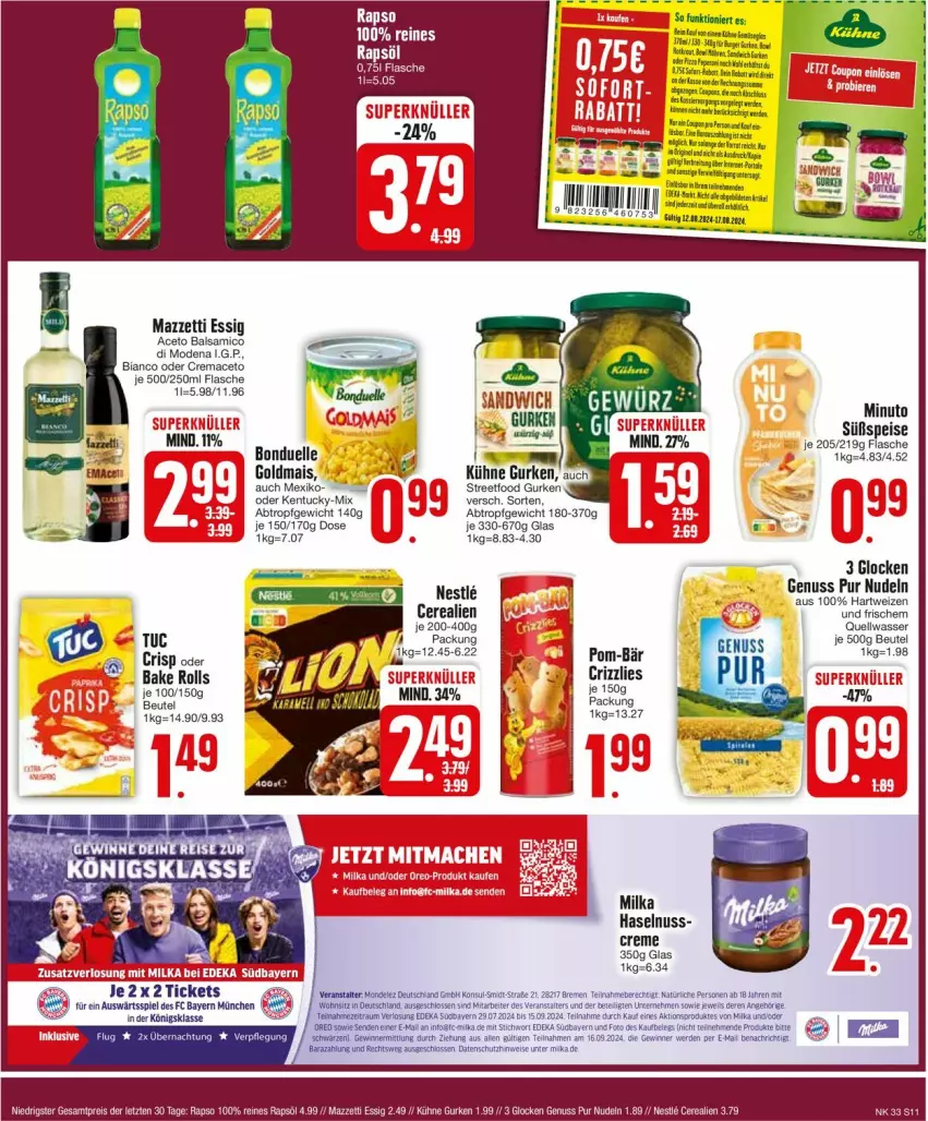 Aktueller Prospekt Edeka - Prospekte - von 12.08 bis 17.08.2024 - strona 13 - produkty: aceto, aceto balsamico, balsam, balsamico, beutel, cerealien, creme, eis, erde, essig, flasche, gurke, gurken, hartweizen, haselnuss, Kühne, mac, milka, Mode, nudel, nudeln, nuss, rapso, rapsöl, reines rapsöl, reis, sandwich, Ti, tuc, wasser, ZTE